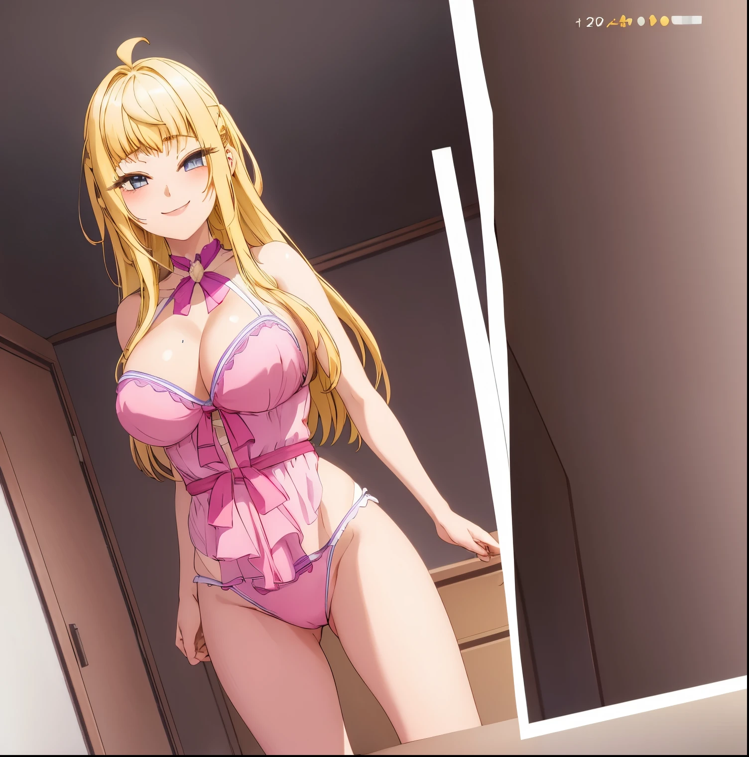 1 girl, alone, Minami fuyuki, ahoge, alone, blonde hair, smile, pink lingerie, 1 piece lingerie, room, bedroom, standing, dynamic pose, hands on hips dynamic angle, large breasts, medium waist, wide hips, wide thighs, (high resolution: 1.2), (ultra detailed: 1.2), [high dynamic range lighting], (masterpiece: 1.3), (best quality), high quality, intricate details, (extremely detailed CG unity 8k wallpaper: 1.2), best shadow, (extremely detailed fine touch: 1.2), (high resolution), (8K), (extremely detailed), looking at viewer, head on, focus on breasts, pov (from above), (4k) , (pixiv), perfect face, pretty eyes and face, (super detailed), detailed face and eyes, textured skin, absurdities, high resolution, deep skin, skindentation, perfect hands, perfect anatomy