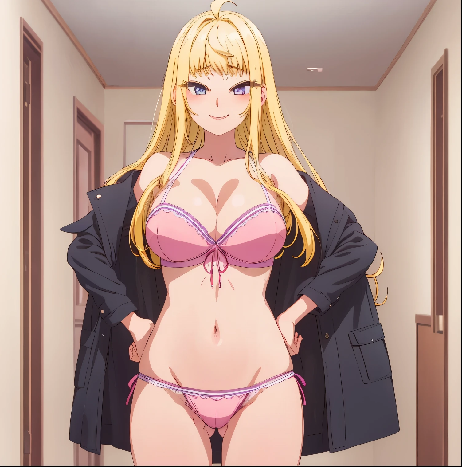 1 girl, alone, Minami fuyuki, ahoge, alone, blonde hair, smile, pink lingerie, 1 piece lingerie, room, bedroom, standing, dynamic pose, hands on hips dynamic angle, large breasts, medium waist, wide hips, wide thighs, (high resolution: 1.2), (ultra detailed: 1.2), [high dynamic range lighting], (masterpiece: 1.3), (best quality), high quality, intricate details, (extremely detailed CG unity 8k wallpaper: 1.2), best shadow, (extremely detailed fine touch: 1.2), (high resolution), (8K), (extremely detailed), looking at viewer, head on, focus on breasts, pov (from above), (4k) , (pixiv), perfect face, pretty eyes and face, (super detailed), detailed face and eyes, textured skin, absurdities, high resolution, deep skin, skindentation, perfect hands, perfect anatomy