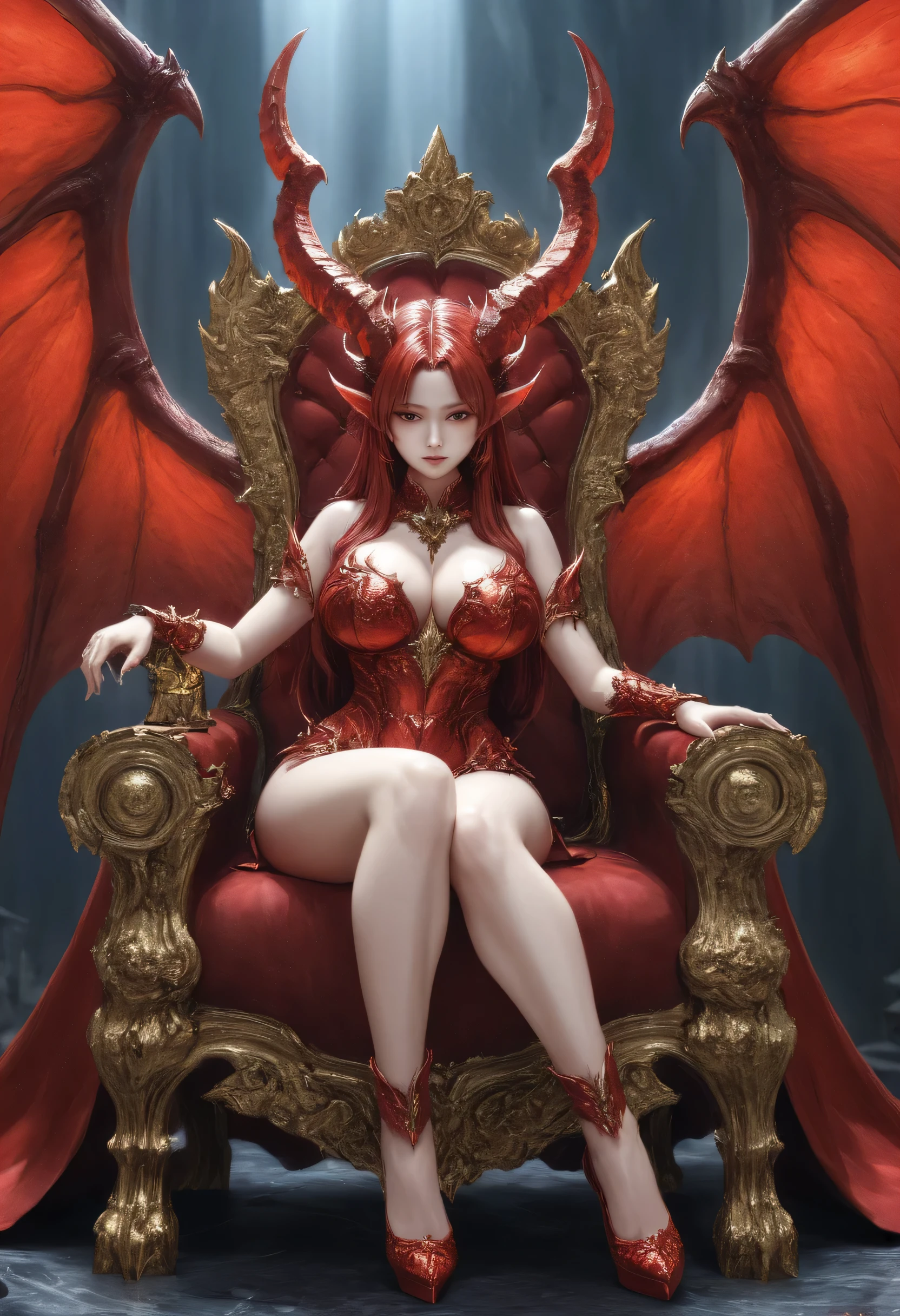 (High quality, 8ก, 4k, Highly detailed, high contrast, Masterpiece:1.2,High quality, The best aesthetics), ((1 female)), beautiful devil, light shining above , Red skin, big breasts, , devil horns, see the whole body ;wing, wing set low, sitting on a golden throne, , devil, Impressive fantasy artwork, Very detailed illustrations.
