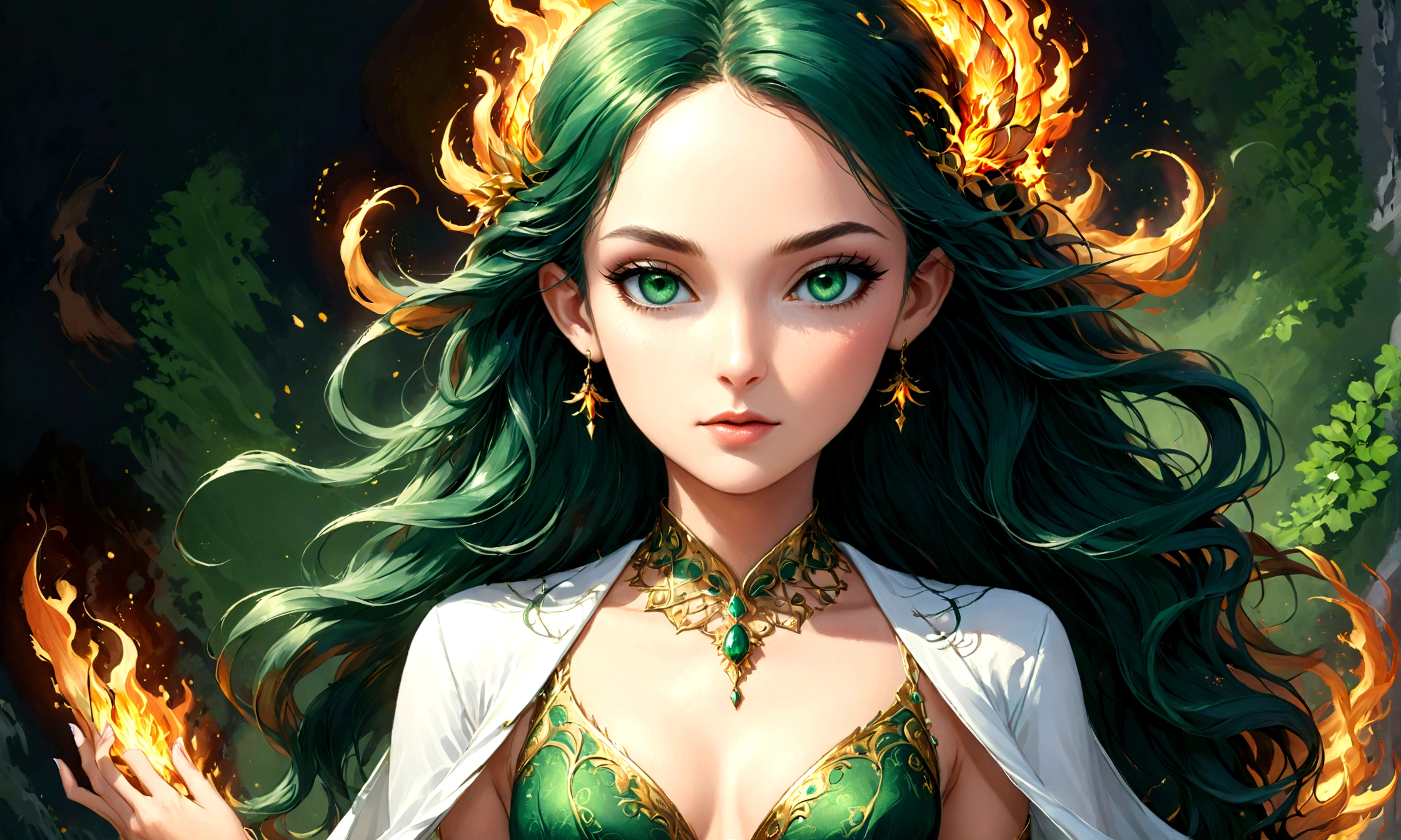 Arafed, a portrait of an elf woman, exotic beauty, long hair, dynamic color, (emerald green eyes), glamour shot, she wears an (white: 1.3) elegant suit, 16k, ultra detailed, masterpiece, best quality, (extremely detailed), arafed, dnd art, phoenix dress