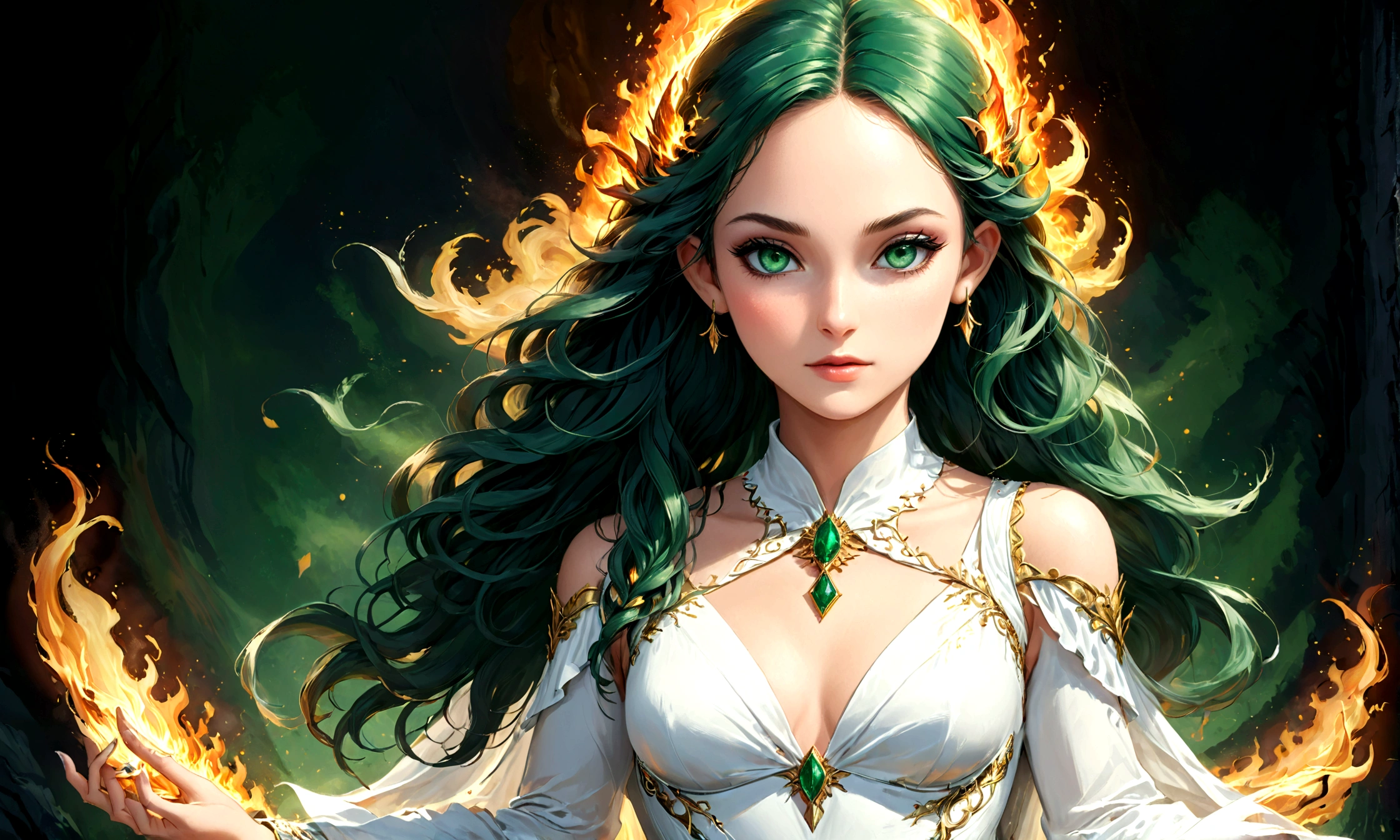 Arafed, a portrait of an elf woman, exotic beauty, long hair, dynamic color, (emerald green eyes), glamour shot, she wears an (white: 1.3) elegant suit, 16k, ultra detailed, masterpiece, best quality, (extremely detailed), arafed, dnd art, phoenix dress