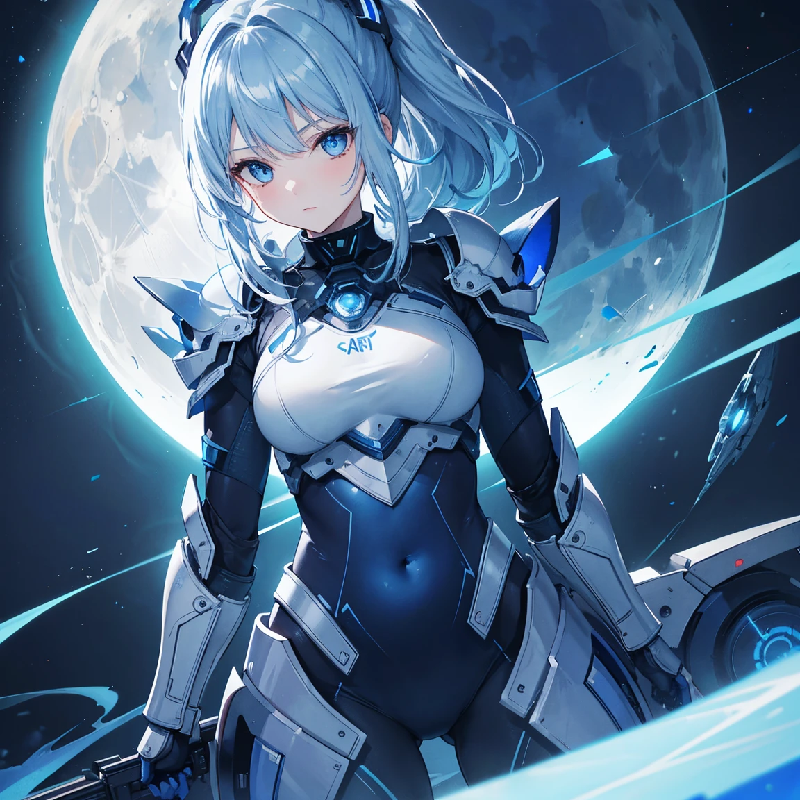 8k, highest quality, (real:1.4), Original photo, 1 girl, Asari Hair, Biological Amplifier, refined armor, posture: Peace talks between warring factions,attention arousal, smart blue eyes,Blue big moon and blue light swirl in the background,Blue halo,
