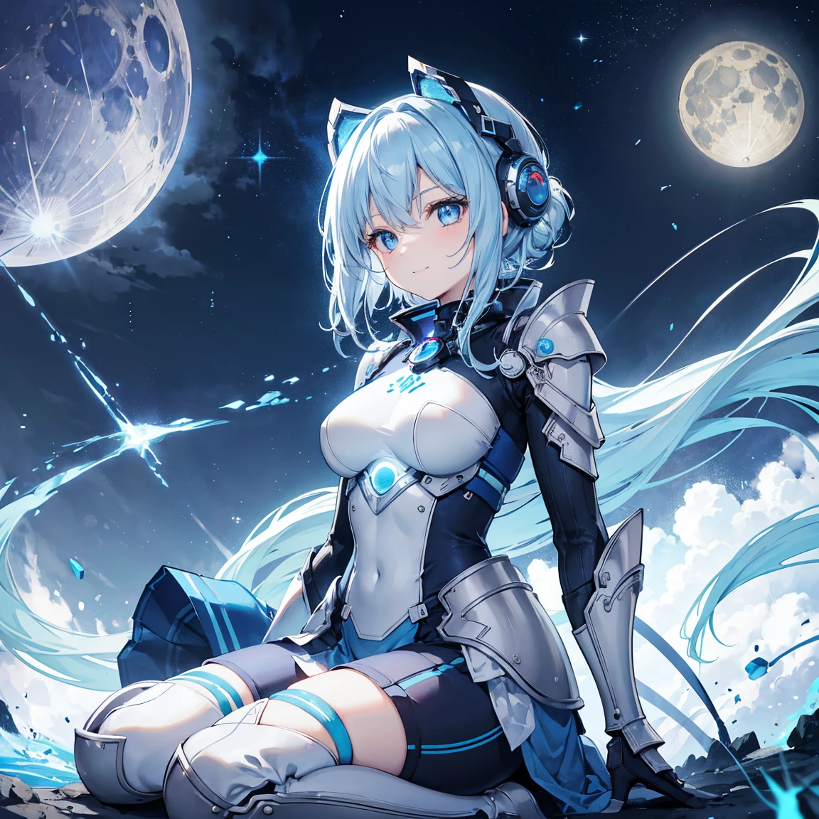 8k, highest quality, (real:1.4), Original photo, 1 girl, Asari Hair, Biological Amplifier, refined armor, posture: Peace talks between warring factions,,Attention Clever Blue Eyes,A modest smile、Knee-high boots、Blue big moon and blue light swirl in the background、Blue light from behind、blue light magic