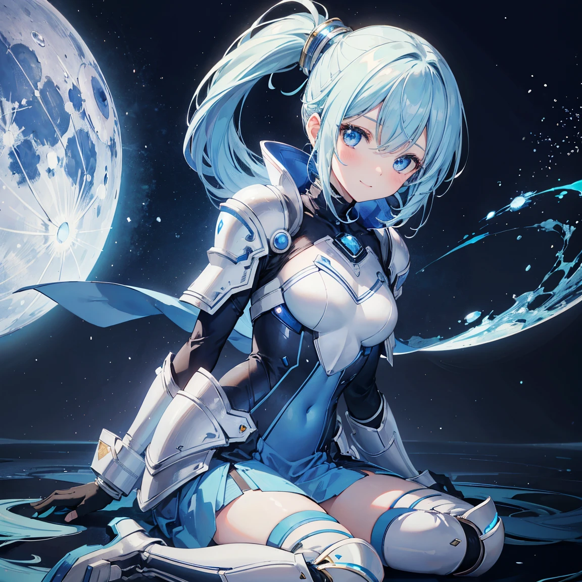 8k, highest quality, (real:1.4), Original photo, 1 girl, Asari Hair, Biological Amplifier, refined armor, posture: Peace talks between warring factions,,Attention Clever Blue Eyes,A modest smile、Knee-high boots、Blue big moon and blue light swirl in the background、Blue light from behind、blue light magic