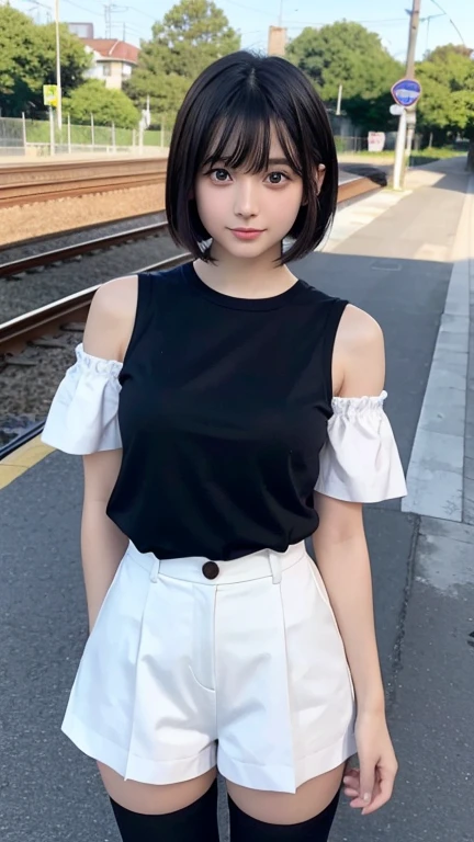 8K、Detailed Description、Very high definition、Realistic、reality的、Real、live-action、reality、High resolution、Nogizaka46、japanese idol,beautiful girl、21 years old、Dark brown eyes、sunny、summer、blue sky、Railway stations、Are standing、Bending over and peering in、Looking up、Off-the-shoulder tops、Short black shorts、over the knee socks,short hair,、Bangs、blunt bangs,light smile,closed mouth,full body,Very black hair、pretty girl、Beauty、Glowing Skin、Glowing Skin、Shiny Hair、Hair blowing in the wind、Very white skin、Heavy makeup、Large Breasts、Slit eyes、Big Eyes、Dark brown eyes、Double eyelids、Don&#39;t show your teeth、Hang the bag over your shoulder