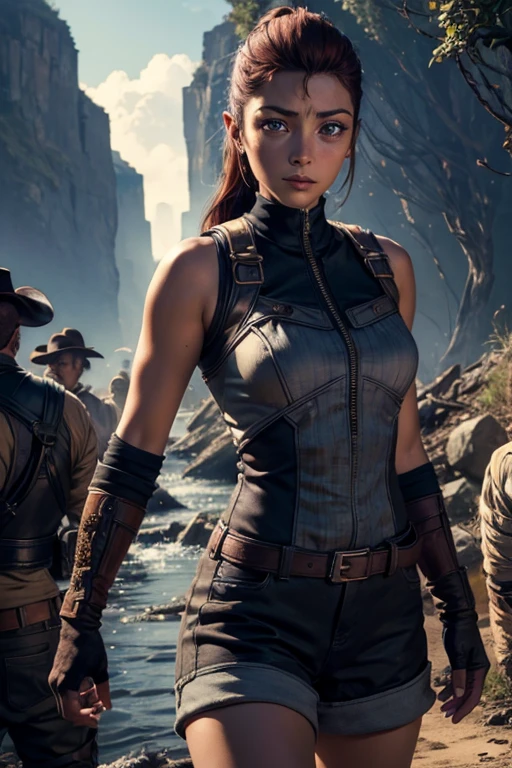 
iliaamitola, ilia amitola, long hair, blue eyes, brown hair, ponytail, dark skin, dark-skinned female, BREAK bare shoulders, bodysuit, BREAK old mine entrance on hill, in valley, mountains in background, waterfall, crowd, (crowd in military dress), post-apocalypse, dystopian future, crowd, (crowd in military uniforms), (volumetric lighting), best quality, masterpiece, intricate details, tonemapping, sharp focus, hyper detailed, BREAK looking at viewer, (cowboy shot:1.5), BREAK (masterpiece:1.2), best quality, high resolution, unity 8k wallpaper, (illustration:0.8), (beautiful detailed eyes:1.6), extremely detailed face, perfect lighting, extremely detailed CG, (perfect hands, perfect anatomy), 
