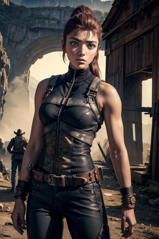 iliaamitola, ilia amitola, long hair, blue eyes, brown hair, ponytail, dark skin, dark-skinned female, BREAK bare shoulders, bodysuit, BREAK old mine entrance on hill, in valley, mountains in background, waterfall, crowd, (crowd in military dress), post-apocalypse, dystopian future, crowd, (crowd in military uniforms), (volumetric lighting), best quality, masterpiece, intricate details, tonemapping, sharp focus, hyper detailed, BREAK looking at viewer, (cowboy shot:1.5), BREAK (masterpiece:1.2), best quality, high resolution, unity 8k wallpaper, (illustration:0.8), (beautiful detailed eyes:1.6), extremely detailed face, perfect lighting, extremely detailed CG, (perfect hands, perfect ???????),