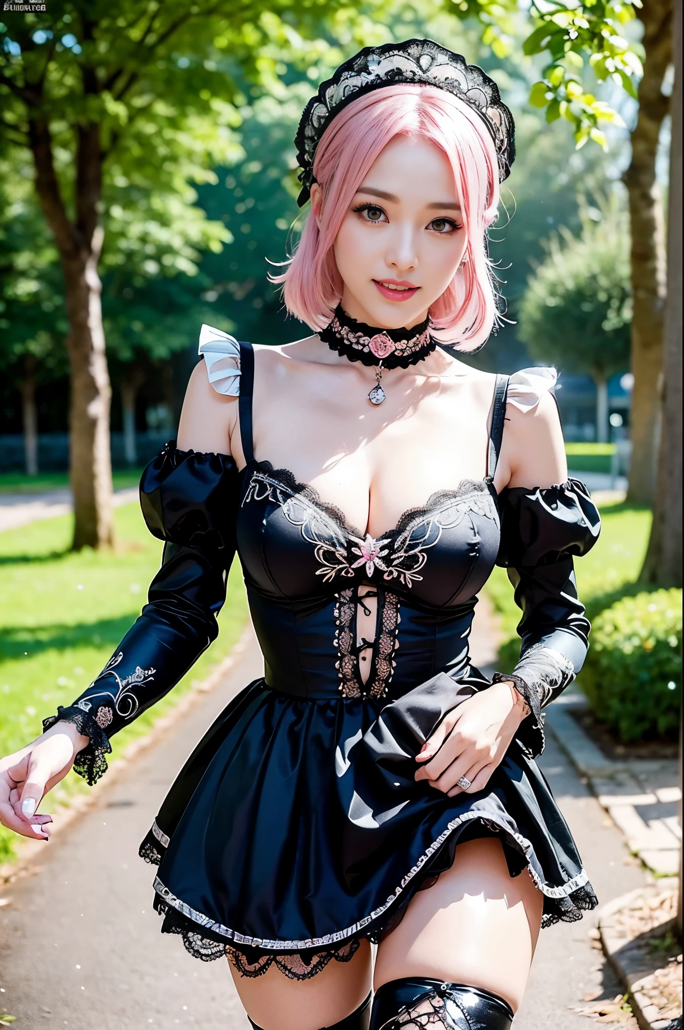 (nsfw), sexy stylish Swedish model, only 1 female, ((doll-like appearance)), short neon pink stylish hair, ((shiny Victorian-Style boots)), (big smile), ultra detailed eyes, vivid eye makeup, lip-gloss, long lashes, defined eyebrows, ((sexy Paradise Kiss cosplay)), bell-shaped skirt, petticoats, high neckline, puffed sleeves, ((ultra detailed lace)), ((ultra detailed embroidery)), intricate details, Paradise Kiss accessoires and matching headpiece, choker, ((large sparkling Paradise Kiss jewelry)), cinematic light, detailed large park background with trees