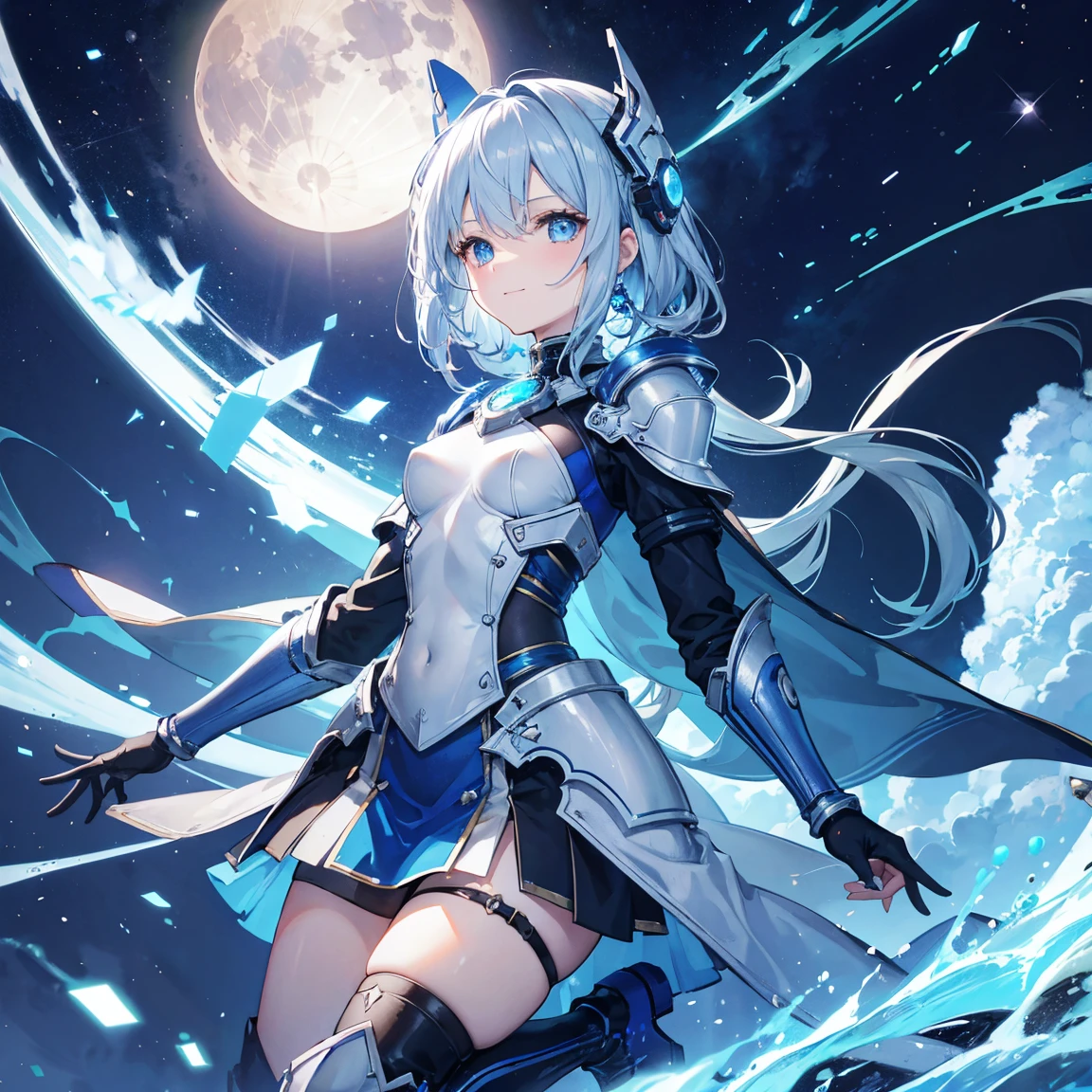 8k, highest quality, (real:1.4), Original photo, 1 girl, Asari Hair, Biological Amplifier, refined armor, posture: Peace talks between warring factions,,Attention Clever Blue Eyes,A modest smile、Knee-high boots、Blue big moon and blue light swirl in the background、Blue light from behind、blue light magic,A small, glowing blue ball in the palm of your hand