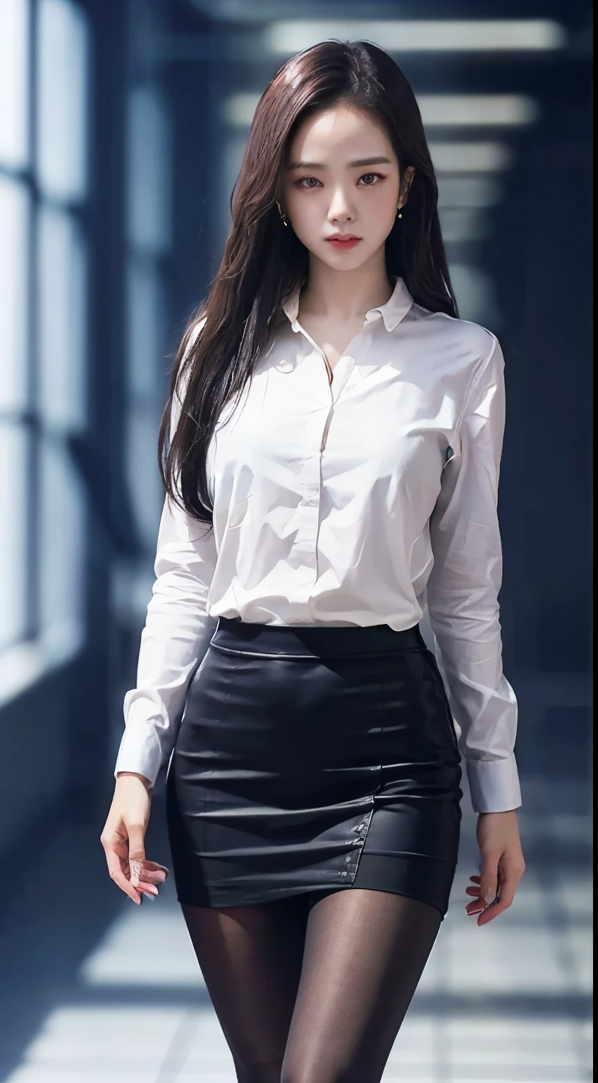Elegant upper-class elite secretary,Wear a luxurious silk top, Skirts and thighs、27yo、big breasts body 162cm、Take a walk along the hallway、office clothes, (Wear pantyhose,Realistic pantyhose)、working in an office、wearing a strict business suit, Wear high-end heels、 Shirt girl, Wear an elegant shirt, Wear an ultra-thin top, merchant, Shirts and skirts, Wearing a silk shirt, Wear a shirt and skirt, RAW photo, (8K、top-quality、tmasterpiece:1.2)、(intricately details:1.4)、(Photorealsitic:1.4)、octane renderings、Complex 3D Rendering Ultra Detail, Studio soft light, rim lights, vibrant detail, super detailing, realistic skin textures, Detal Face, Beautiful detail eyes, Very detailed CG Unity 16k wallpaper, Make up - up, (detailedbackground:1.2), Bare with thighs!!!,