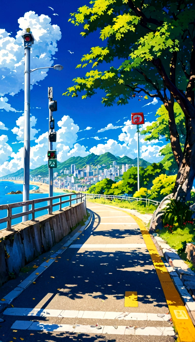 A painting depicting a street next to a body of water, Traffic light on pole, rio de janeiro in an Japanese cartoons film, Japanese cartoons. author：Shinkai Makoto, Japanese cartoons landscape, author：Shinkai Makoto, author：Shinkai Makoto, Japanese cartoons landscape wallpaper, Japanese cartoons scenery, hd Japanese cartoons cityscape, Shinkai Makoto和 (cain kuga), Shinkai Makoto的风格, HD, UHD, HDR, 32 thousand