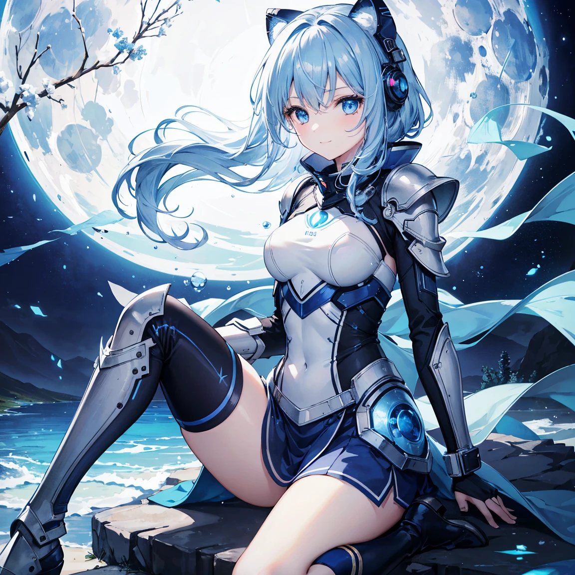 8k, highest quality, (real:1.4), Original photo, 1 girl, Asari Hair, Biological Amplifier, refined armor, posture: Peace talks between warring factions,，Attention Clever Blue Eyes,A modest smile、Knee-high boots、Blue big moon and blue light swirl in the background、Blue light from behind、blue light magic