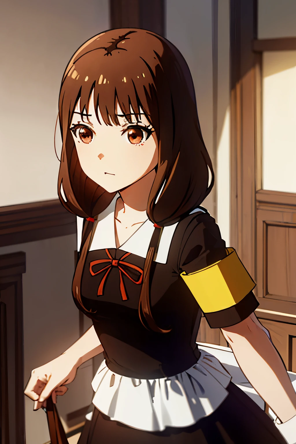 ((masterpiece:1.3, highly detailed:1.3, highres:1.1, best quality, HD, full image)),((miko iino, blunt bangs, (brown eyes:1.5), brown hair, hair tie, long hair, low twintails, red ribbon, ribbon, twintails,)),((black dress, dress, pinafore dress, , shirt, short sleeves, shuuchiin academy , white shirt, armband))