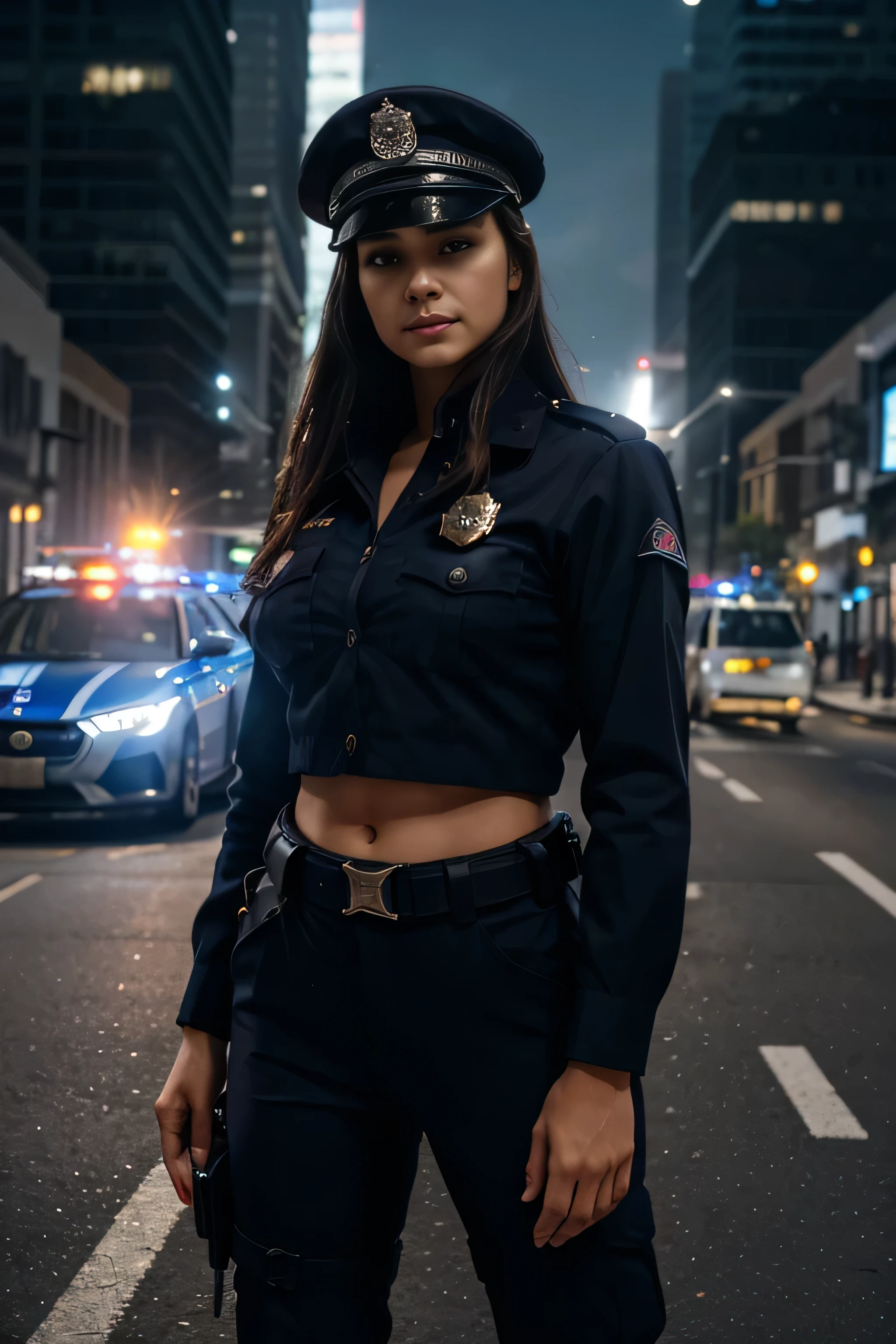 woman in police uniform standing in the middle of the street, cap on her head, cinematic lighting, dramatic angle, highly detailed, photorealistic, 8k, masterpiece,(best quality,4k,8k,highres,masterpiece:1. 2),ultra detailed,(realistic,photorealistic,photorealistic:1. 37),HDR,UHD,studio lighting,ultra-fine rendering,sharp focus,physics-based rendering,extreme detail description,professional,vivid colors,bokeh,cinematic,dramatic,intense,powerful