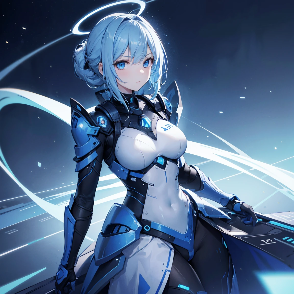8k, highest quality, (real:1.4), Original photo, 1 girl, Asari Hair, Biological Amplifier, refined armor, posture: Peace talks between warring factions,attention arousal, smart blue eyes,Blue big moon and blue light swirl in the background,Blue halo,
