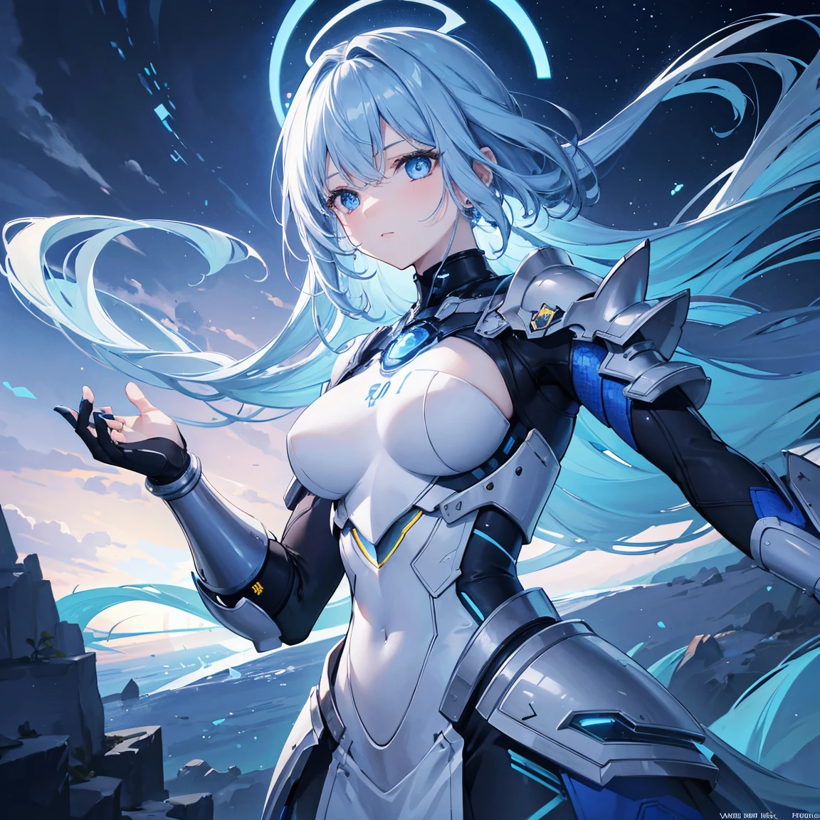 8k, highest quality, (real:1.4), Original photo, 1 girl, Asari Hair, Biological Amplifier, refined armor, posture: Peace talks between warring factions,attention arousal, smart blue eyes,Blue big moon and blue light swirl in the background,Blue halo,
