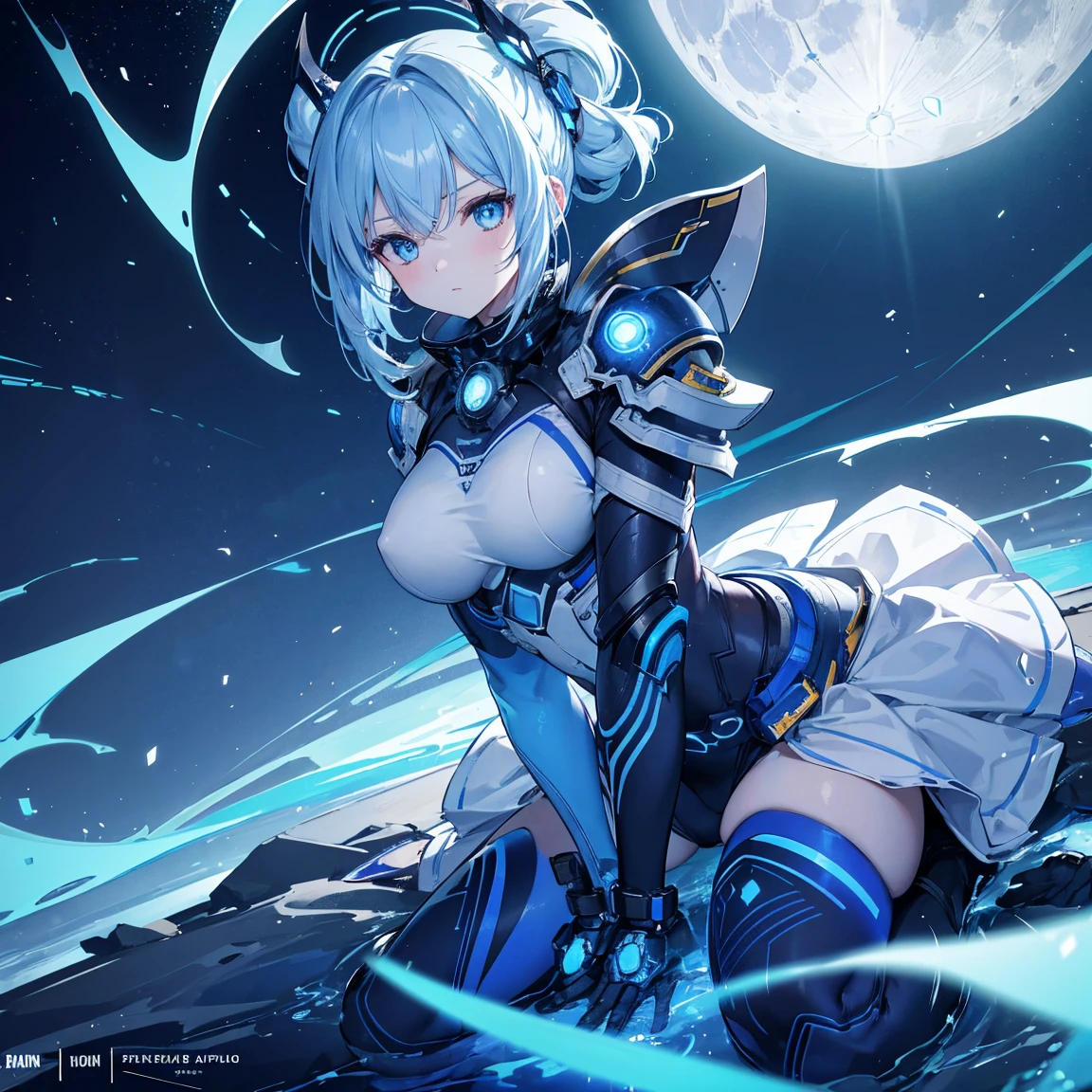 8k, highest quality, (real:1.4), Original photo, 1 girl, Asari Hair, Biological Amplifier, refined armor, posture: Peace talks between warring factions,attention arousal, smart blue eyes,Blue big moon and blue light swirl in the background,Blue halo,