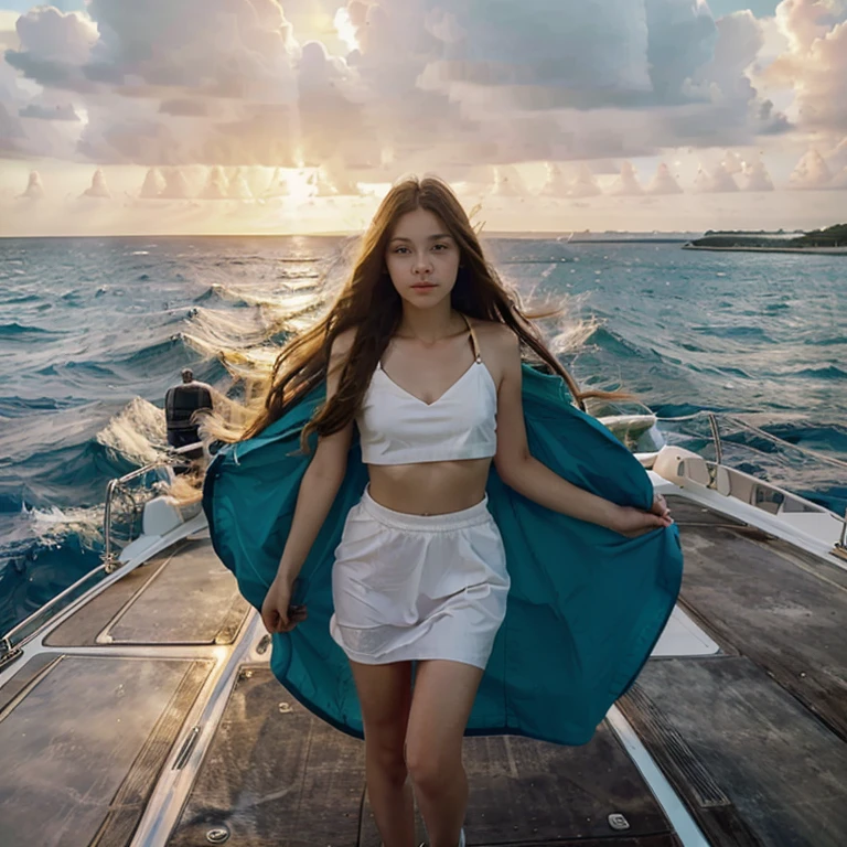 girl with long hair, fluttering in the wind, standing on a yacht in the sea and admiring the sunset
