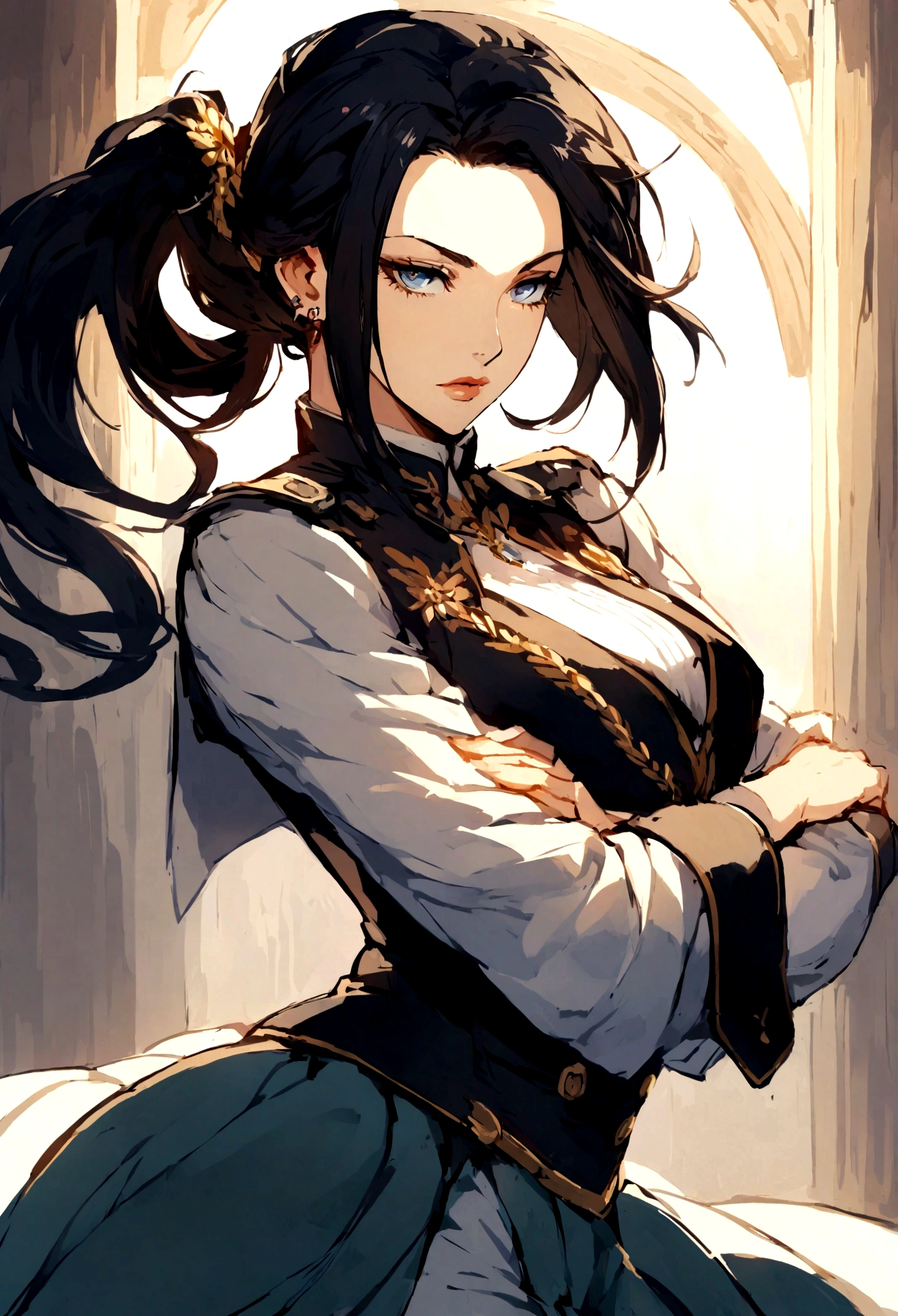 Lyra is a strikingly beautiful woman in her mid-twenties. She has long, flowing black hair that she keeps tied back in a neat ponytail while on duty. Her piercing blue eyes convey both intelligence and a fierce determination. She stands at about 5'9" with a strong, athletic build, well-suited for the physical demands of her position. Her uniform is always immaculate, and she carries herself with a sense of pride and discipline.
