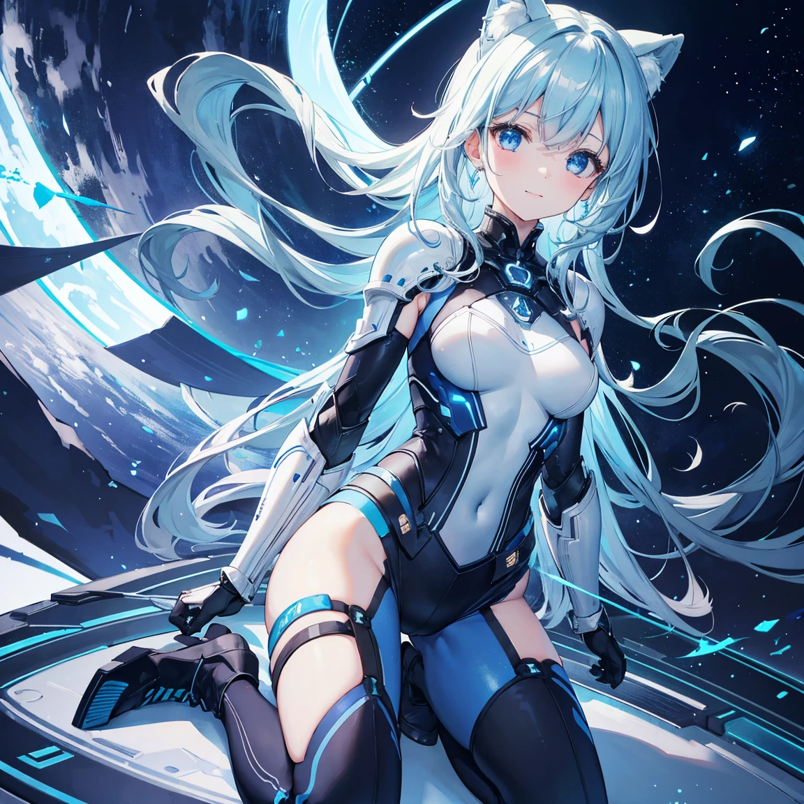 8k, highest quality, (real:1.4), Original photo, 1 girl, Asari Hair, Biological Amplifier, refined armor, posture: Peace talks between warring factions,，Attention Clever Blue Eyes,A modest smile、Knee-high boots、Blue big moon and blue light swirl in the background、Blue light from behind、blue light magic