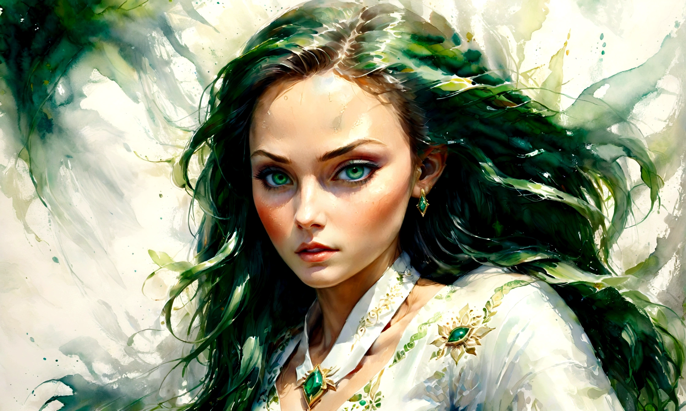 traditional watercolor painting, Arafed, a portrait of an elf woman, exotic beauty, long hair, dynamic color, (emerald green eyes), glamour shot, she wears an (white: 1.3) elegant suit, 16k, ultra detailed, masterpiece, best quality, (extremely detailed), arafed, dnd art, phoenix dress