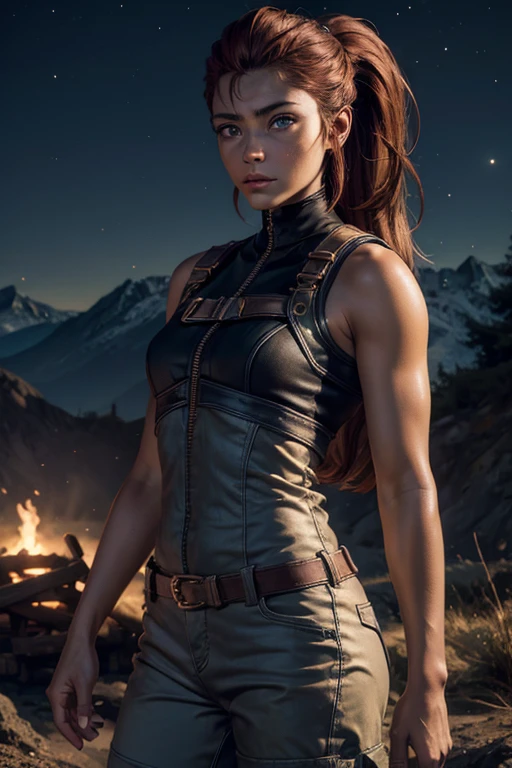 
iliaamitola, ilia amitola, long hair, blue eyes, brown hair, ponytail, dark skin, dark-skinned female, BREAK bare shoulders, bodysuit, BREAK night, stars, moon, old mine entrance on hill, in valley, mountains in background, waterfall, bonfires, crowd, (crowd in military dress), post-apocalypse, dystopian future, crowd, (crowd in military uniforms), (volumetric lighting), best quality, masterpiece, intricate details, tonemapping, sharp focus, hyper detailed, BREAK looking at viewer, (cowboy shot:1.5), BREAK (masterpiece:1.2), best quality, high resolution, unity 8k wallpaper, (illustration:0.8), (beautiful detailed eyes:1.6), extremely detailed face, perfect lighting, extremely detailed CG, (perfect hands, perfect anatomy), 
