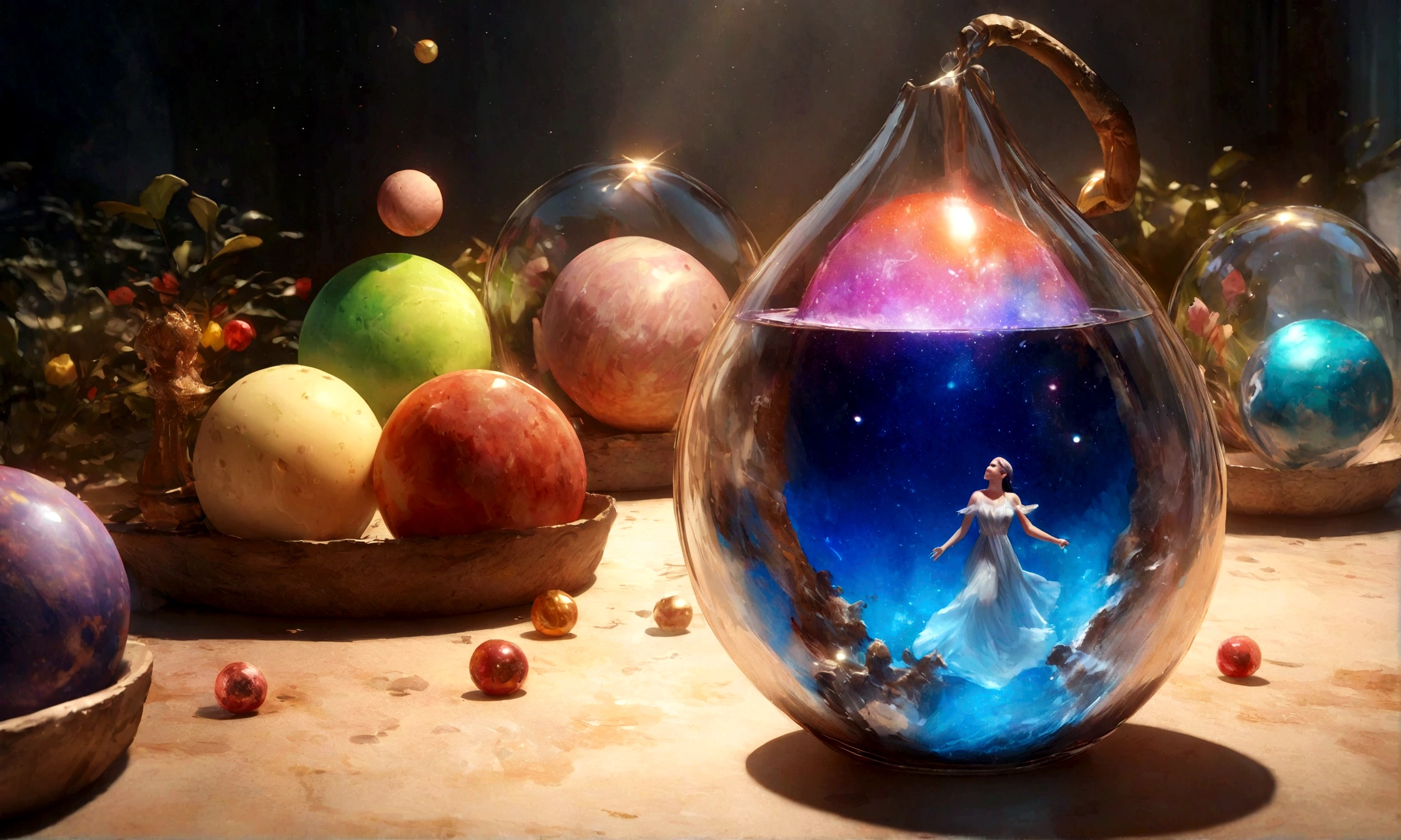 O Universo em uma Copa, Todo o universo existe dentro do cristal......, Planets and galaxies in a glass, Mesa de jantar de madeira, super-realista, Hiper detalhado, dramatic lighting, 4k, Ultra HD, realista, cores brilhantes, Um, Desenho UHD, Caneta e tinta, perfect composition, Octanagem bonita, Intricately detailed and incredibly detailed is trending on ArtStation, 8k art photography, Arte conceitual fotorrealista, soft natural volumetric cinematic perfect light