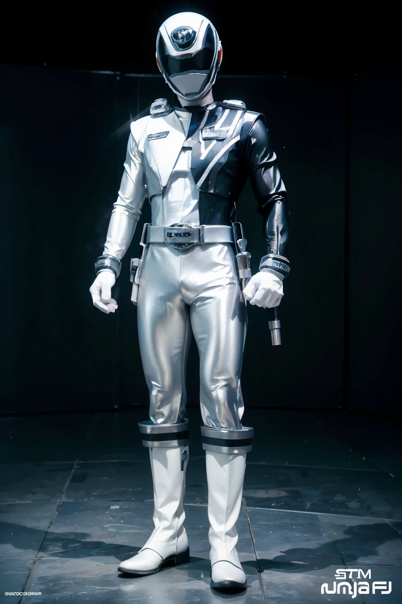1boy, white, full body, Illustration, cinematic light, high resolution, best quality, ultra detailed, masterpiece, power suit, powerranger, suit, spd, (Silver ranger suit))
