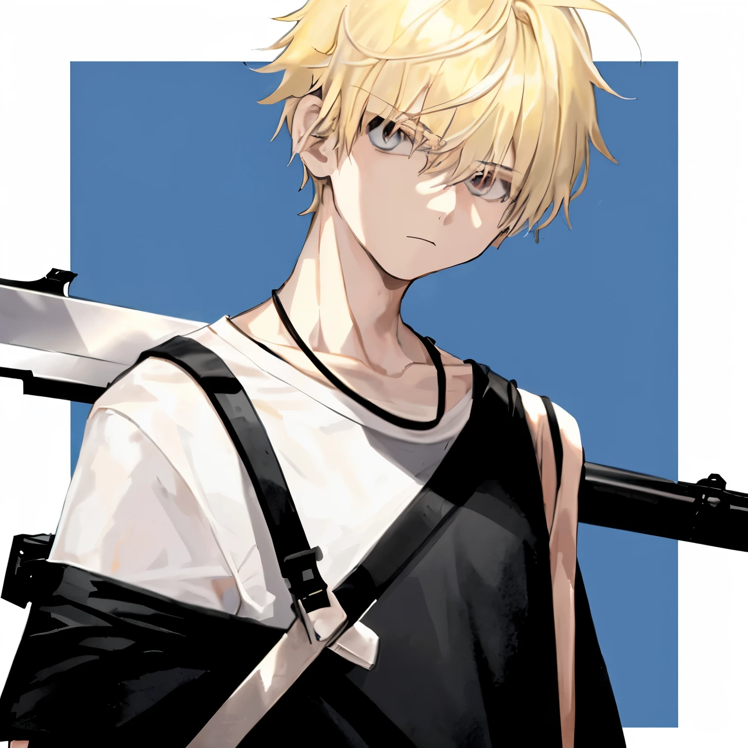 1boy, blonde_medium_hair, asymmetrical_bangs, black__loose_t-shirt, white_satchel_with_weapons, looking_down_at_viewer, bright_background
