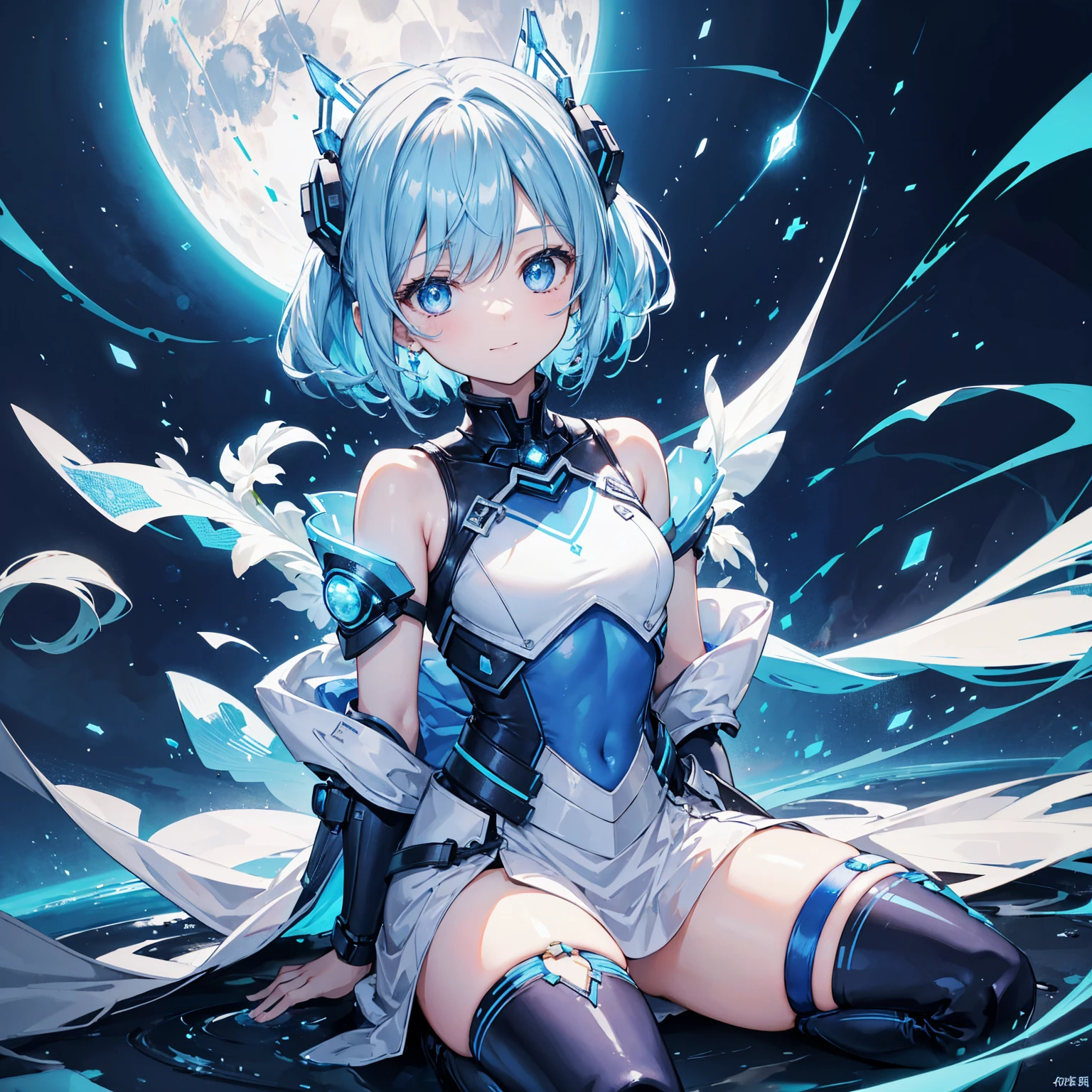 8k, highest quality, (real:1.4), Original photo, 1 girl, Asari Hair, Biological Amplifier, refined armor, posture: Peace talks between warring factions,,Attention Clever Blue Eyes,A modest smile、Knee-high boots、Blue big moon and blue light swirl in the background、Blue light from behind、blue light magic,A small, glowing blue ball in the palm of your hand