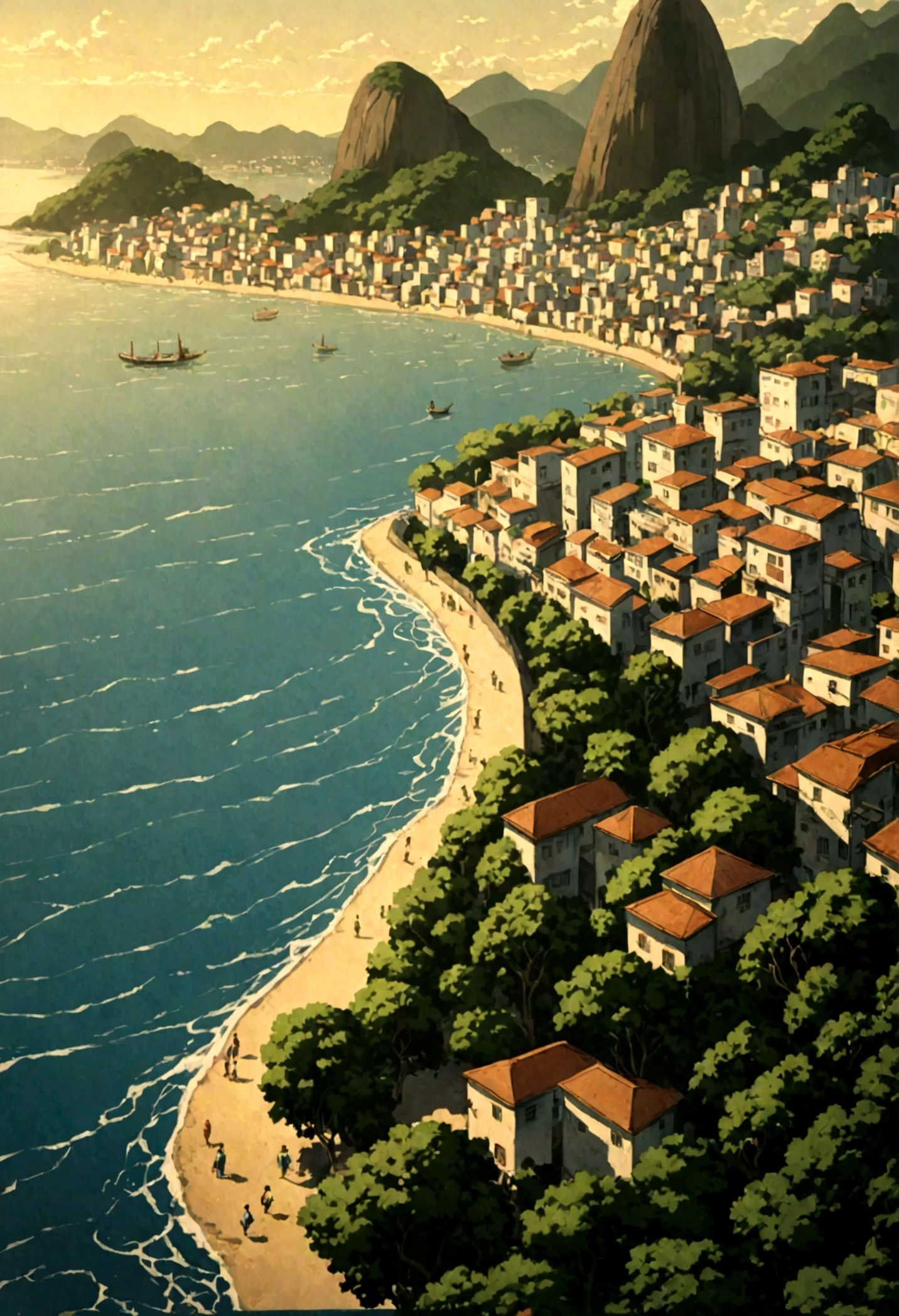 A painting depicting a street next to a body of water, , Rio de Janeiro in an Japanese animation film,