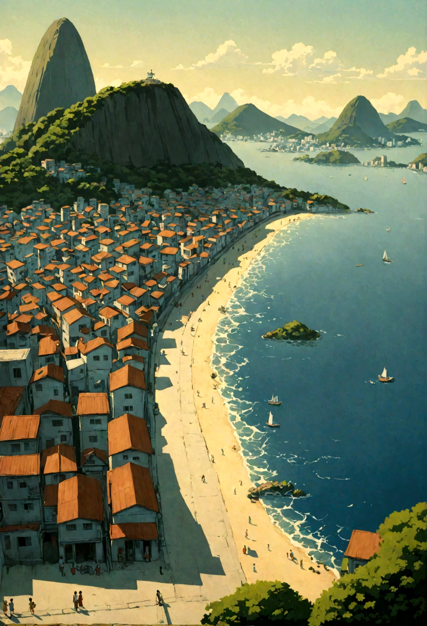 A painting depicting a street next to a body of water, , Rio de Janeiro in an Japanese animation film,