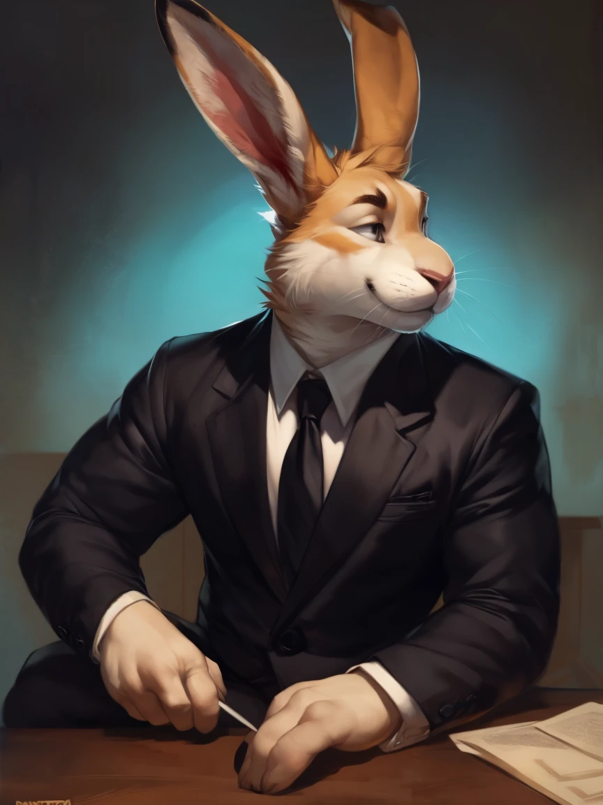 A tall hare in a black suit, by darkgem, by mystikfox61, by glitter trap boy