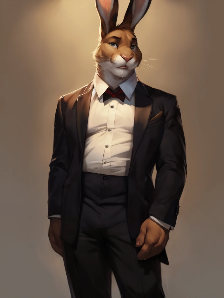 A tall hare in a black suit, by darkgem, by mystikfox61, by glitter trap boy