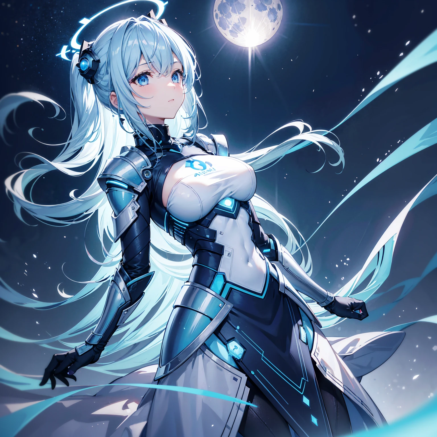 8k, highest quality, (real:1.4), Original photo, 1 girl, Asari Hair, Biological Amplifier, refined armor, posture: Peace talks between warring factions,attention arousal, smart blue eyes,Blue big moon and blue light swirl in the background,Blue halo,
