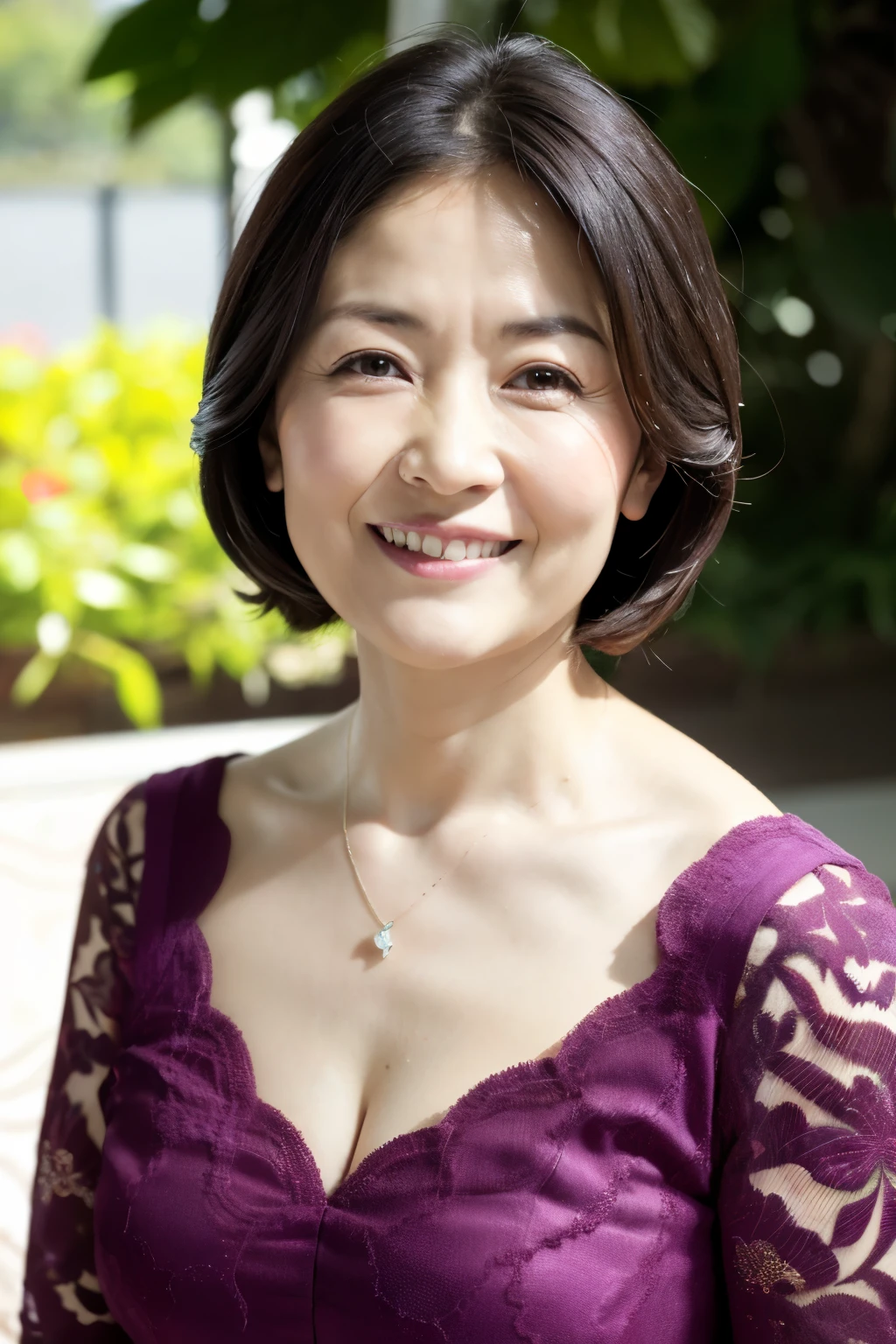 最high quality, In 8K, Masseter muscle area, Lifelike, Sharp focus, high quality, High resolution, Detailed face, Detailed eyes, Thick lips, (Look at the viewers), solo, Middle-aged women, Beautiful woman, 55 years old, plum, Beautifully styled hair, Cleavage, Brightly colored patterned dress, Afternoon in front of the park garden, Wrinkles around the eyes, Toothy smile