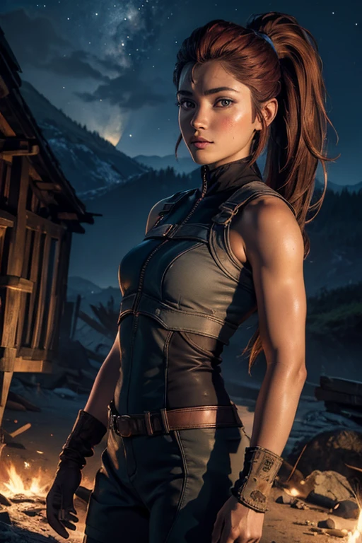 
iliaamitola, ilia amitola, smile, long hair, blue eyes, brown hair, ponytail, dark skin, dark-skinned female, BREAK bare shoulders, bodysuit, BREAK night, stars, moon, old mine entrance on hill, in valley, mountains in background, waterfall, bonfires, wrecked vehicles, crowd, (crowd in military dress), post-apocalypse, dystopian future, crowd, (crowd in military uniforms), (volumetric lighting), best quality, masterpiece, intricate details, tonemapping, sharp focus, hyper detailed, BREAK looking at viewer, (cowboy shot:1.5), BREAK (masterpiece:1.2), best quality, high resolution, unity 8k wallpaper, (illustration:0.8), (beautiful detailed eyes:1.6), extremely detailed face, perfect lighting, extremely detailed CG, (perfect hands, perfect anatomy), 
