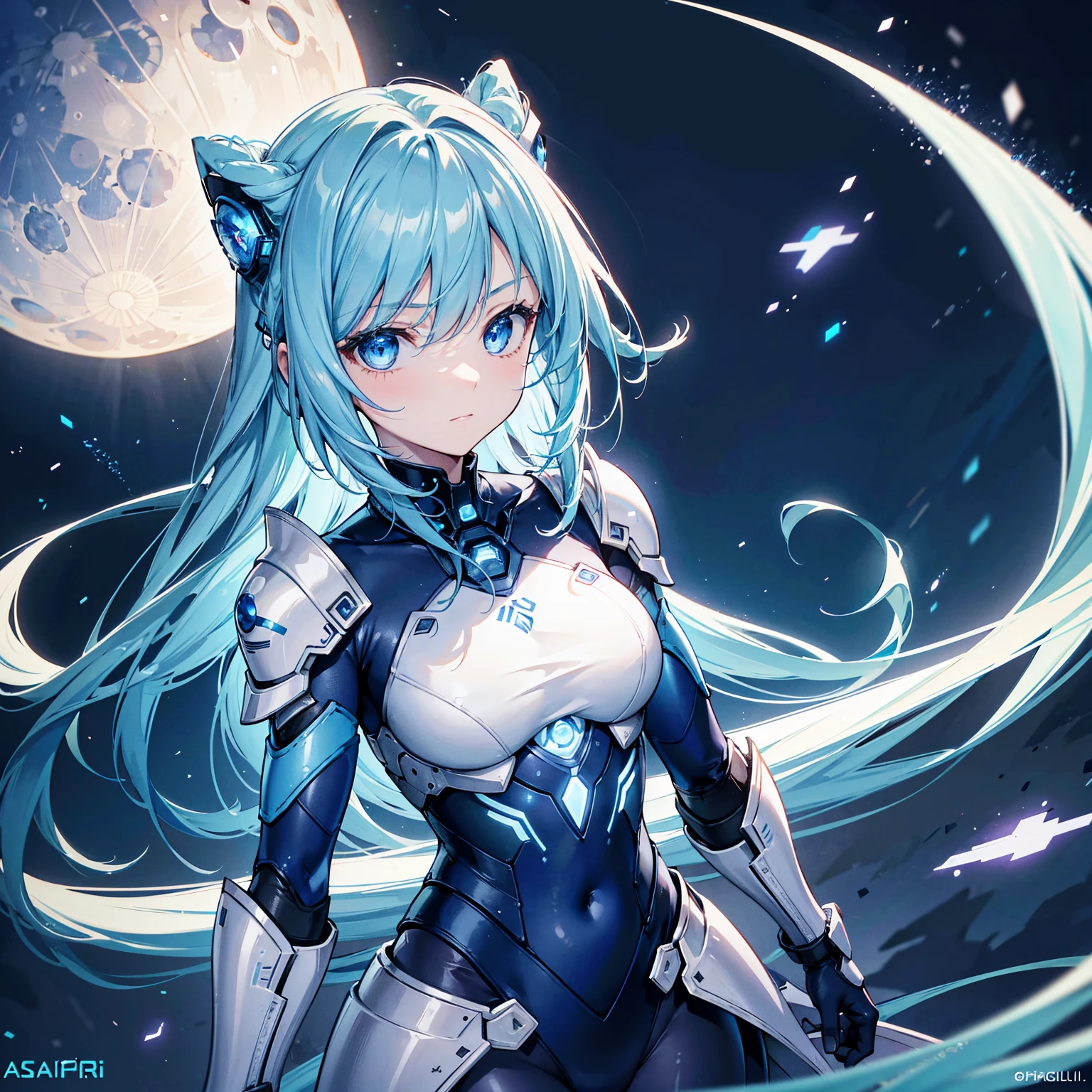8k, highest quality, (real:1.4), Original photo, 1 girl, Asari Hair, Biological Amplifier, refined armor, posture: Peace talks between warring factions,attention arousal, smart blue eyes,Blue big moon and blue light swirl in the background,Blue halo,