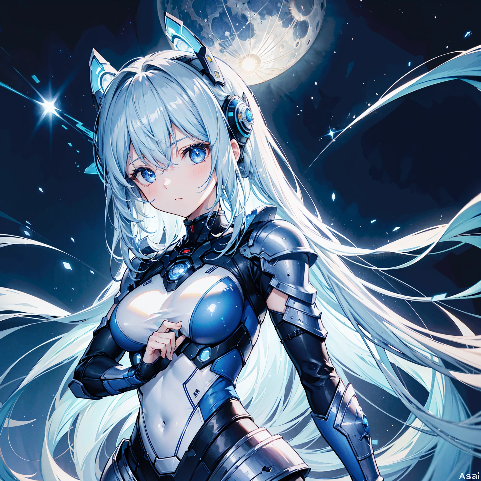 8k, highest quality, (real:1.4), Original photo, 1 girl, Asari Hair, Biological Amplifier, refined armor, posture: Peace talks between warring factions,attention arousal, smart blue eyes,Blue big moon and blue light swirl in the background,Blue halo,
