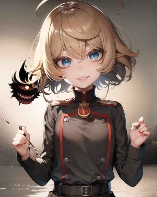 masterpiece, perfect hands, best quality, highly detailed, absurdres, (tanya, short hair, military:1), (yameroyandere, yandere, empty eyes, shaded face, crazy eyes, glowing eyes, crazy smile, dark:1), large pupils, (ebiblue:1), (bloodyface, blood on the face:1.3), (g2h, gun to head, holding gun:1.2)