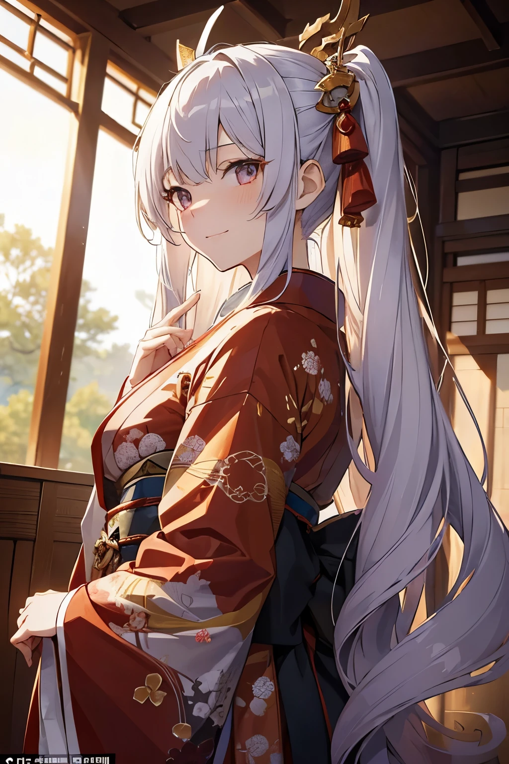 (Masterpiece: 1.4, Detailed Composition: 1.3)

One image from the doujin website, title "Joining the Dragon Shrine," presents a captivating scene. At the heart of the image, a -yeld gi named Sakura, stands resolute, her long silver hair cascading down her back, adorned with a dragon-shaped hairpin.

She is clad in a traditional Japanese kimono dyed in rich shades of vermilion and gold that represent the dragon shrine, the sleeves slightly rolled up, giving a sense of readiness. A gently arched smile sits on her delicate face