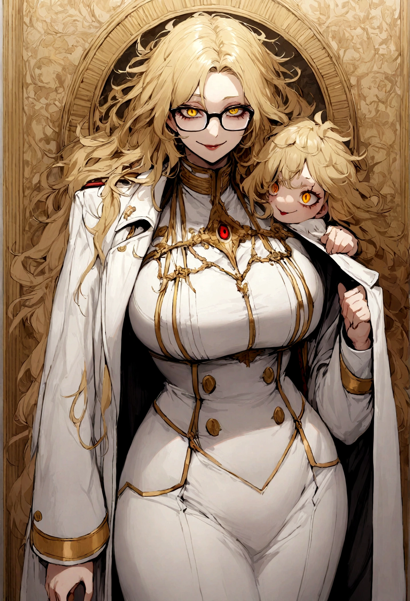 tall woman, volumptious body, long blonde hair, glasses, evil smile, evil eyes, yellow eyes, white military uniform, white coat hanging on the shoulder, messy hair