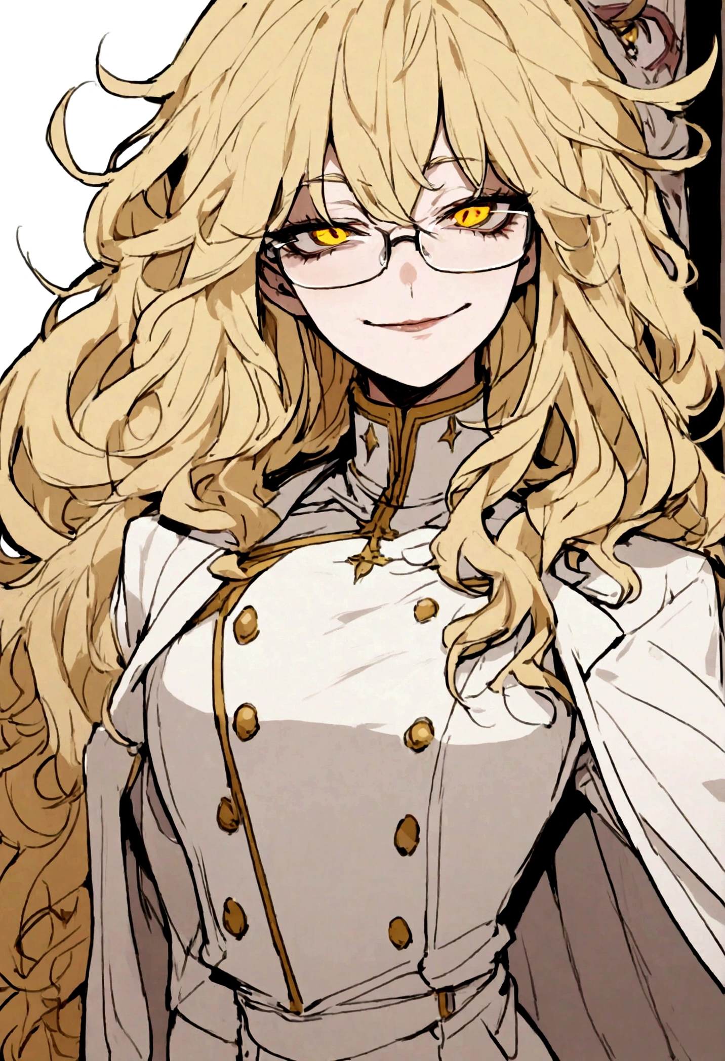 tall woman, volumptious body, long blonde hair, glasses, evil smile, evil eyes, yellow eyes, white military uniform, white coat hanging on the shoulder, messy hair