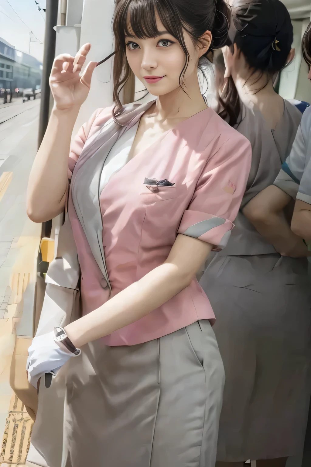 (masterpiece:1.2, highest quality:1.2), 32K HDR, High resolution, (alone、1 girl)、（On the rooftop of a building in the daytime、Professional Lighting）、Building rooftop background、（Nankai train crew uniform pinkを着たリアルスタイル）、（Nankai train crew uniform pink short sleeve pink jacket、Nankai Train Crew Uniform Pink Collarless Short Sleeve Blouse、Nankai Train crew uniform pinkのグレー色のキュロットスカート）、Dark brown hair、（Hair tied up、Hair Bun、Hair Bun）、Dark brown hair、Long Shot、Big Breasts、Thin legs、（（Great hands：2.0）），（（Harmonious body proportions：1.5）），（（Normal limbs：2.0）），（（Normal finger：2.0）），（（Delicate eyes：2.0）），（（Normal eyes：2.0））)、smile、（Nankai Train crew uniform pinkのグレー色のキュロットスカートを見せた美しい歩く姿）、Keep your hands natural、