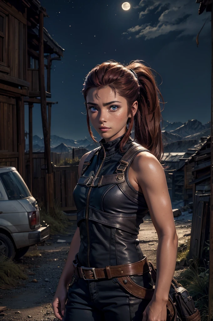 iliaamitola, ilia amitola, smile, long hair, blue eyes, brown hair, ponytail, dark skin, dark-skinned female, BREAK bare shoulders, bodysuit, BREAK night, stars, moon, old mine entrance on hill, in valley, mountains in background, waterfall, bonfires, wrecked vehicles, crowd, (crowd in military dress), post-apocalypse, dystopian future, crowd, (crowd in military uniforms), (volumetric lighting), best quality, masterpiece, intricate details, tonemapping, sharp focus, hyper detailed, BREAK looking at viewer, (cowboy shot:1.5), BREAK (masterpiece:1.2), best quality, high resolution, unity 8k wallpaper, (illustration:0.8), (beautiful detailed eyes:1.6), extremely detailed face, perfect lighting, extremely detailed CG, (perfect hands, perfect anatomy),