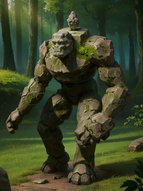 fantasy, full body illustration of a non-human stone golem in a defensive stance, stone body, stone face, stone hands, stone arms, small, skinny, vegetation growing on top of it, high detail, intricate details, ultra high resolution, sharp focus, HD, 8k, forest background