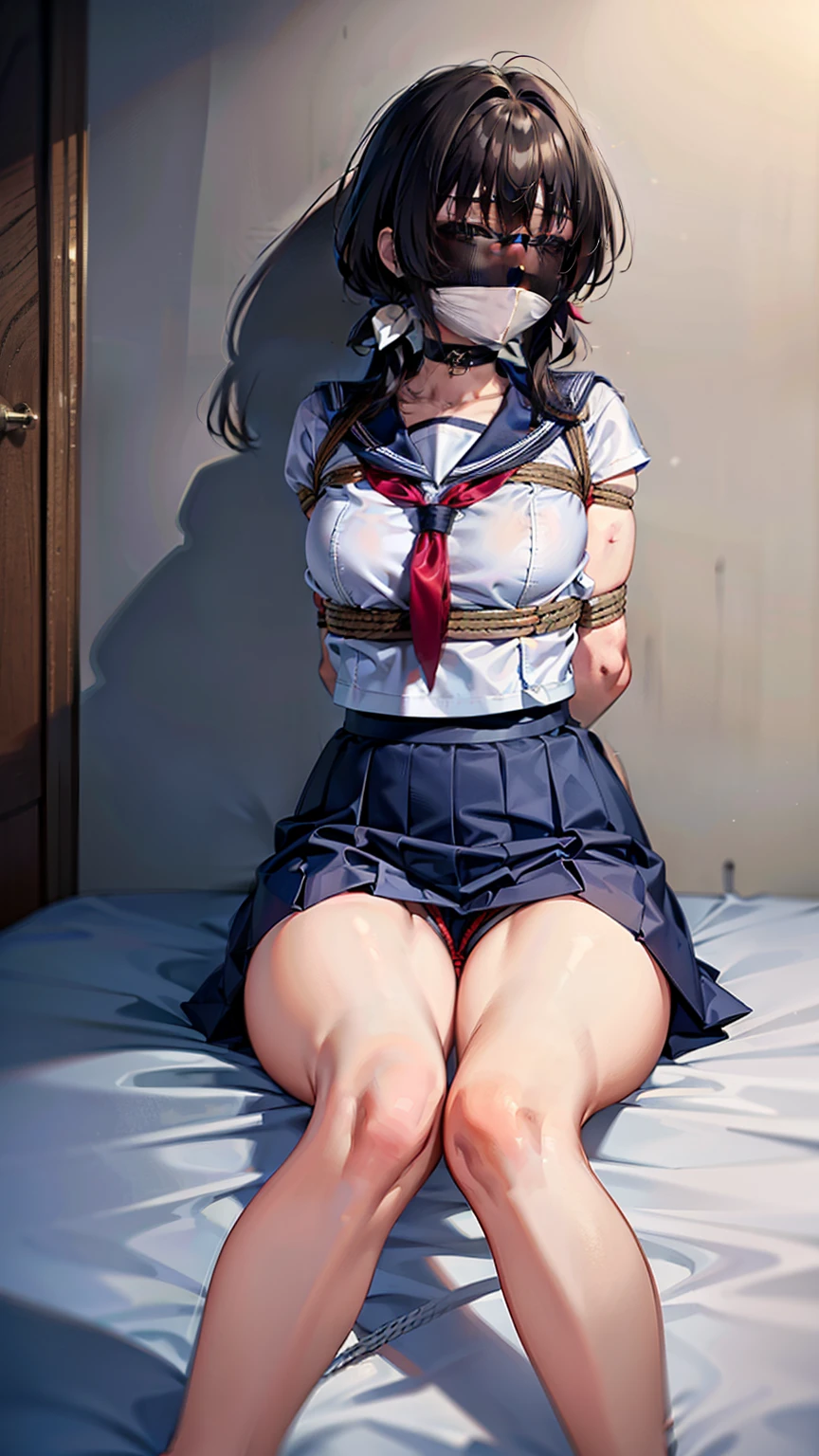 (Highly detailed CG unity 8k), (highest quality)，(very detailed)，(ultra high resolution), 1 female, white cloth gag, uniform, sailor suit, rope bondage, breasts rope bondage, hands back rope bondage, leg rope bondage, thigh rope bondage, bust rope bondage, feet rope bondage, Arms behind the waist, bound wrists, shackles the ankles, gag with a white cloth, Dark blue skirt, On the bed, Blindfolded, Legs together, Tie your ankles, Black Hair, high school girl, 