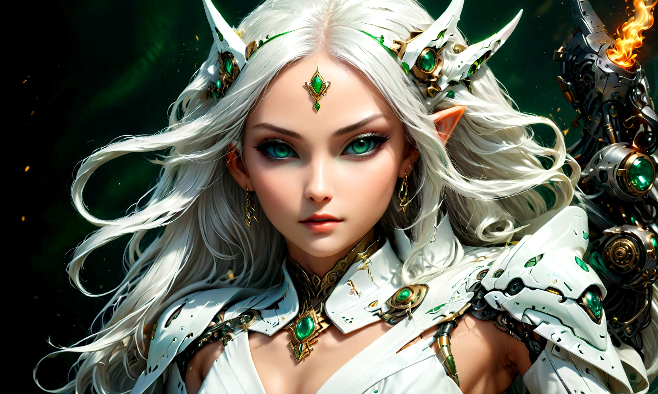 Arafed, a portrait of an elf woman, exotic beauty, long hair, dynamic color, (emerald green eyes), glamour shot, she wears an (white: 1.3) elegant suit, she has some mecha parts, 16k, ultra detailed, masterpiece, best quality, (extremely detailed), arafed, dnd art, FireMagicAI
