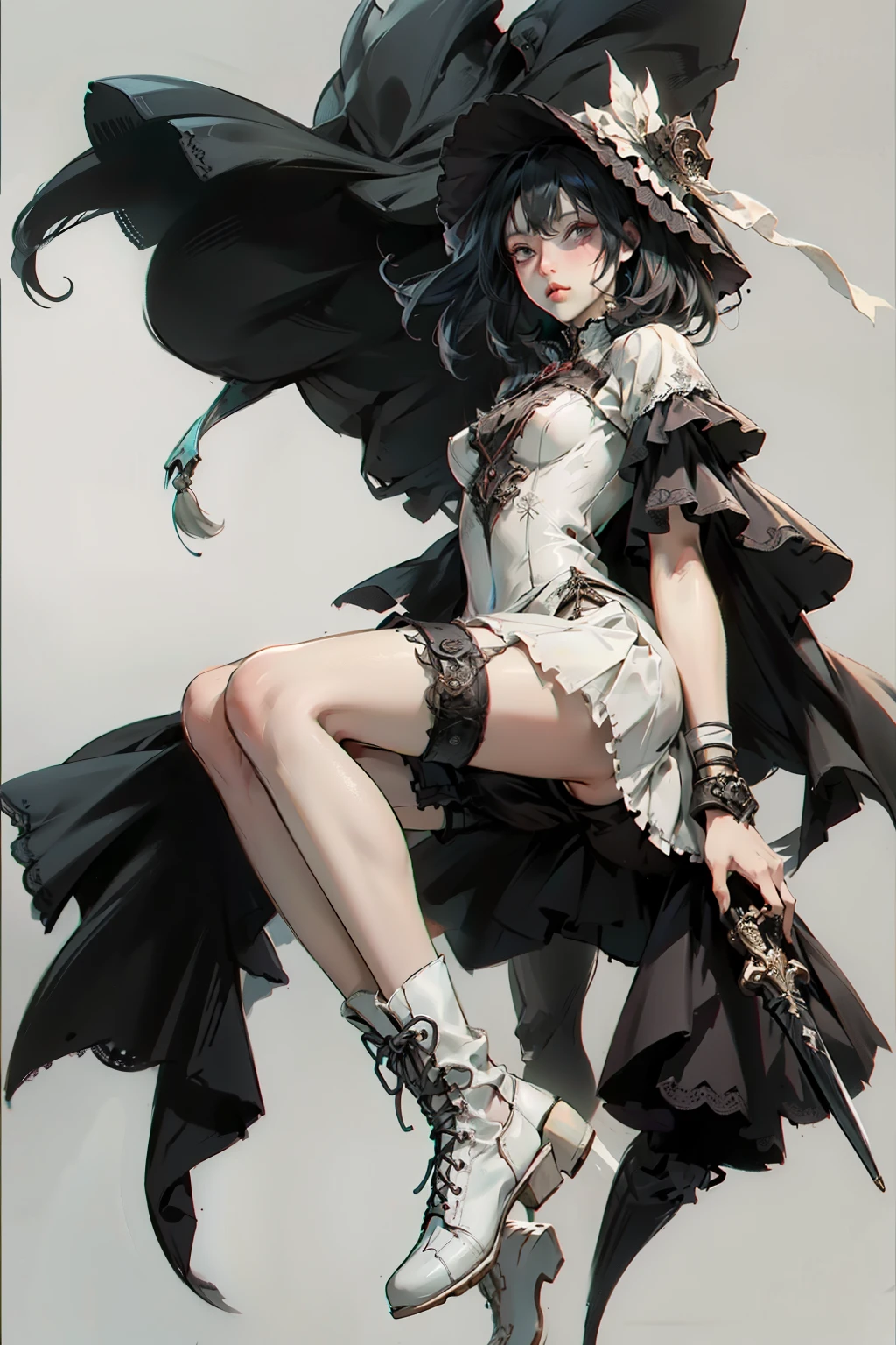 ((best quality)), ((masterpiece)), (detailed), blank white background, plain background, white background, red and white clothing, Bloodborne inspired, occult aesthetic, occult, detailed and intricate steampunk and detailed gothic, NSFW, Very dramatic and cinematic lighting, cosmic horror, grim-dark, side-lighting, perfect face, NSFW, Fluttering lace flared long knee length dress with frilly petticoats, knee length dress, pleated petticoats, ta dress, petticoats gothic lolicomplex lace boots, side-lighting, gothic lolita aetic, wielding a mighty sword, NSFW, beautiful small breasts, small breasts, full body, whole body, body, plain background, white background, blank background, no background, white background NSFW, full body, whole body, head-to-toe NSFW