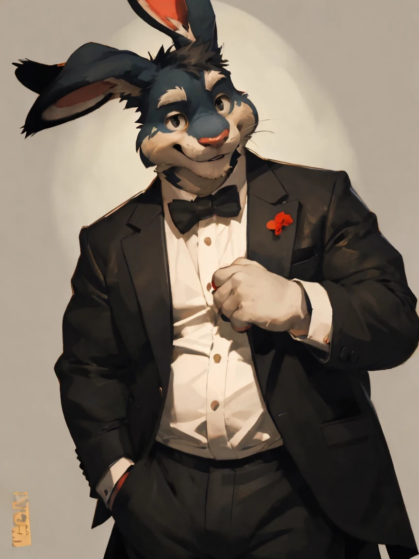 A tall hare in tuxedo, by darkgem, by mystikfox61, by glitter trap boy